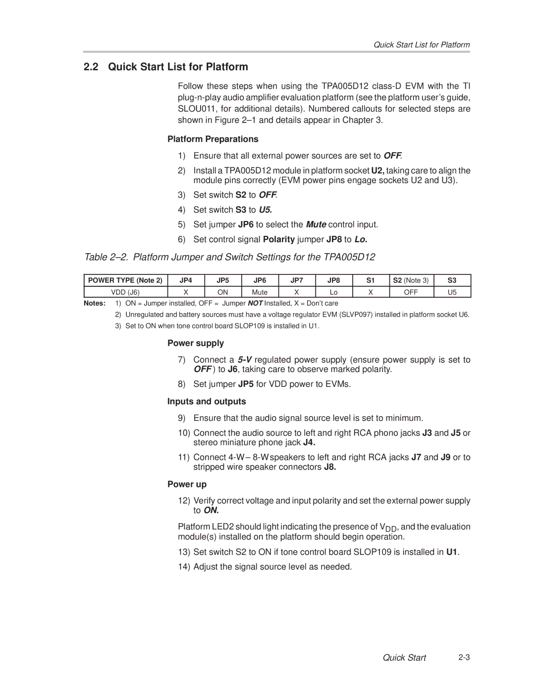 Texas Instruments TPA005D12 manual Quick Start List for Platform, Platform Preparations 