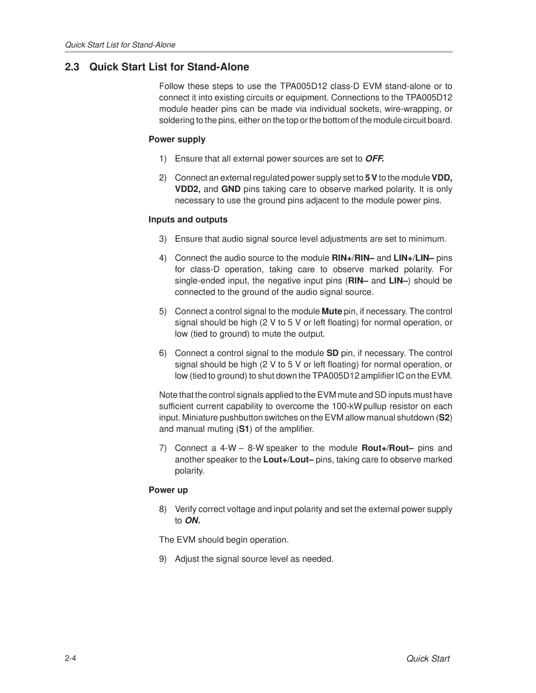 Texas Instruments TPA005D12 manual Quick Start List for Stand-Alone 