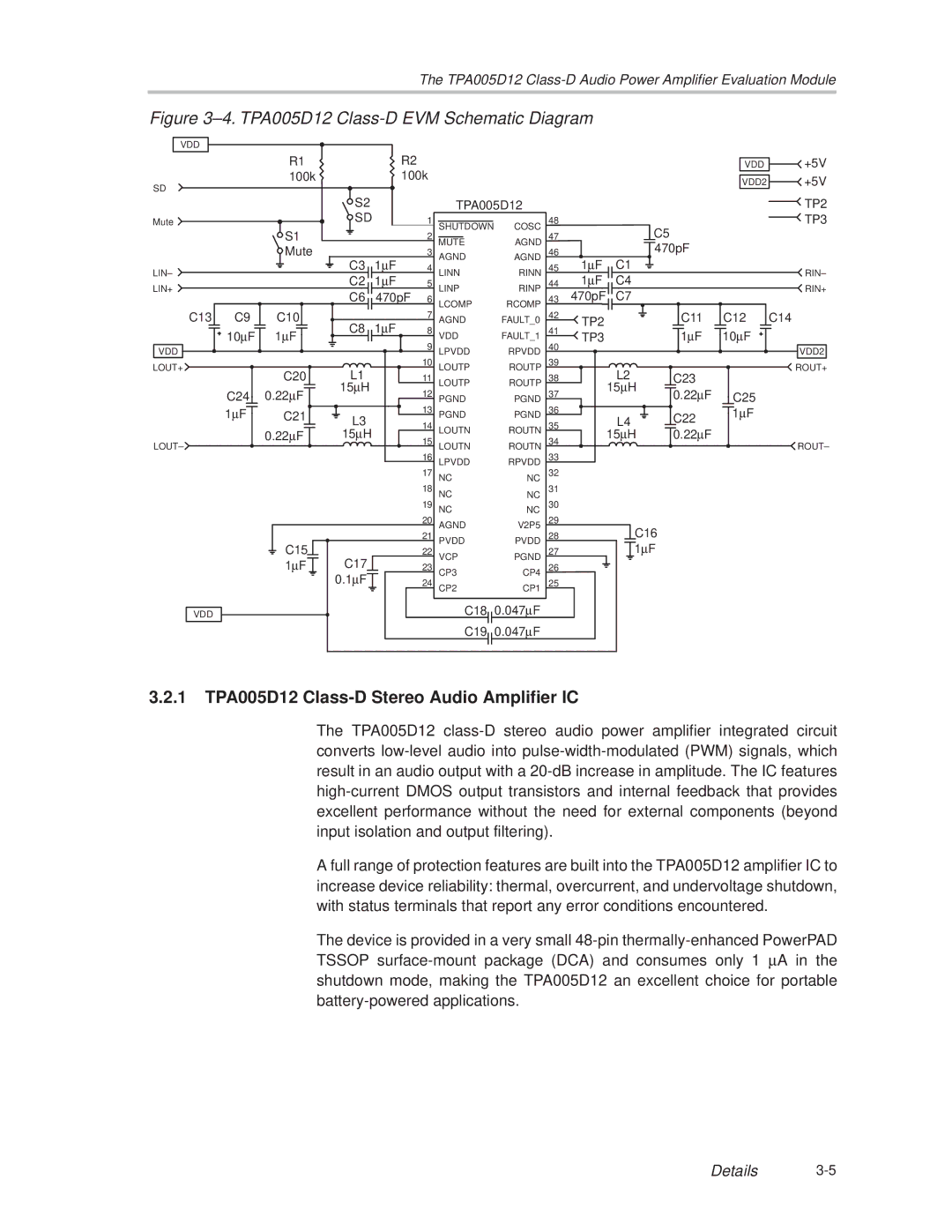 Texas Instruments manual 1 TPA005D12 Class-D Stereo Audio Amplifier IC, TP3 