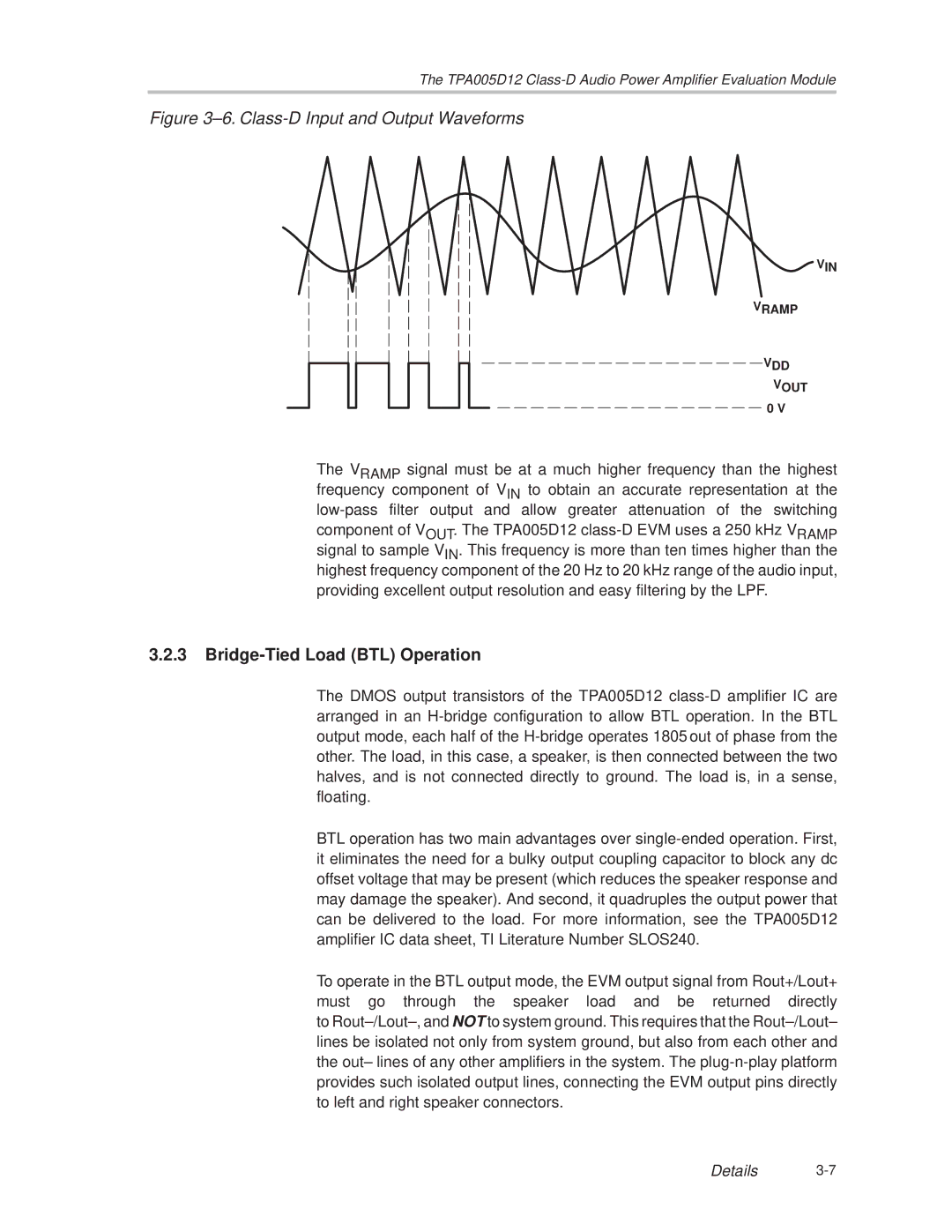 Texas Instruments TPA005D12 manual ±6. Class-D Input and Output Waveforms, Bridge-Tied Load BTL Operation 