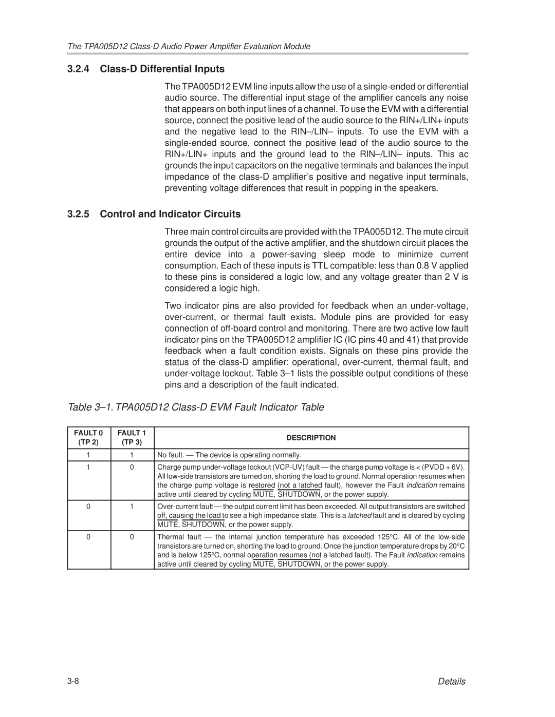 Texas Instruments TPA005D12 manual Class-D Differential Inputs, Control and Indicator Circuits 