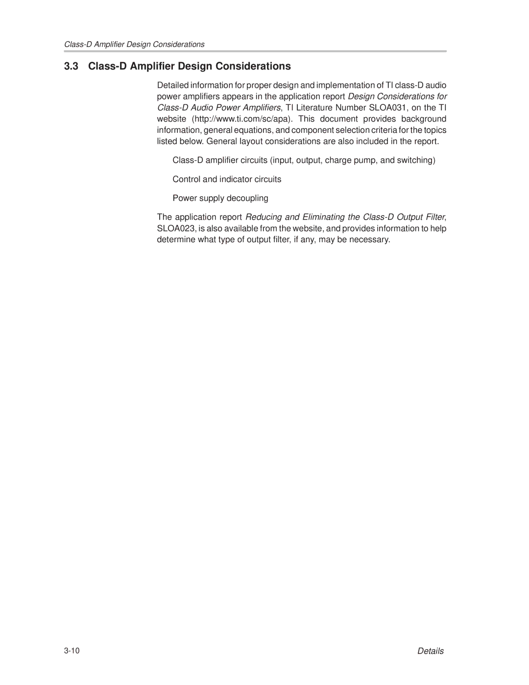 Texas Instruments TPA005D12 manual Class-D Amplifier Design Considerations 