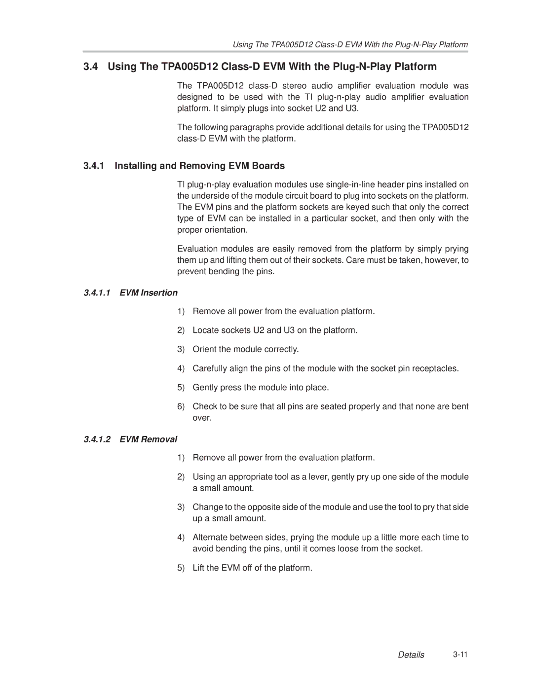 Texas Instruments TPA005D12 manual Installing and Removing EVM Boards, EVM Insertion, EVM Removal 