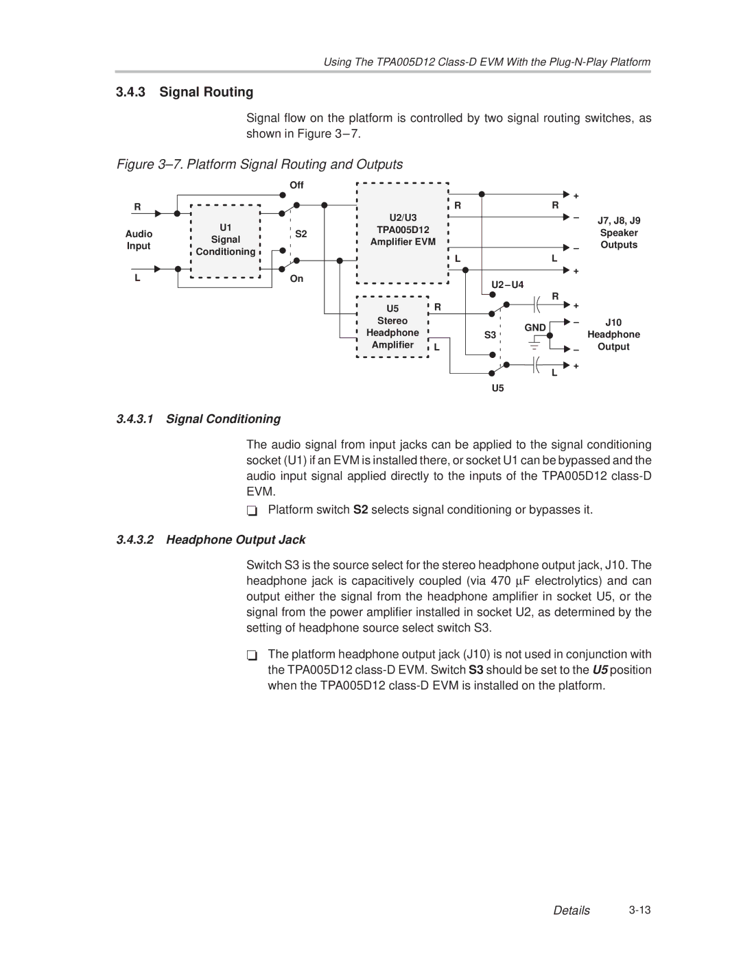 Texas Instruments TPA005D12 manual Signal Routing, Signal Conditioning, Headphone Output Jack 