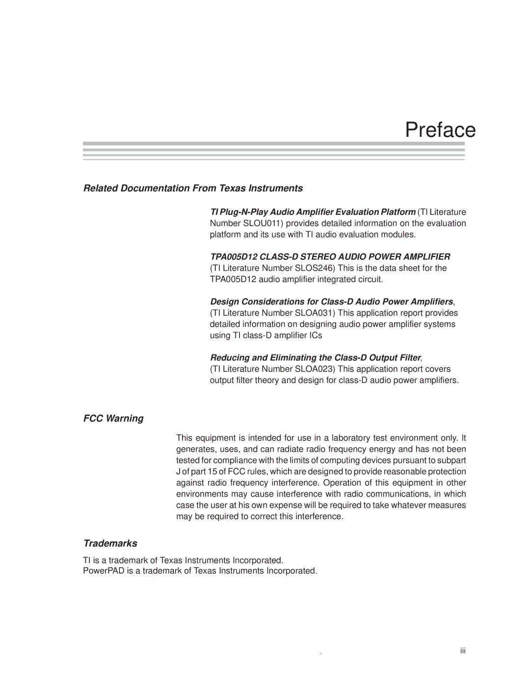 Texas Instruments TPA005D12 manual Preface, Related Documentation From Texas Instruments 