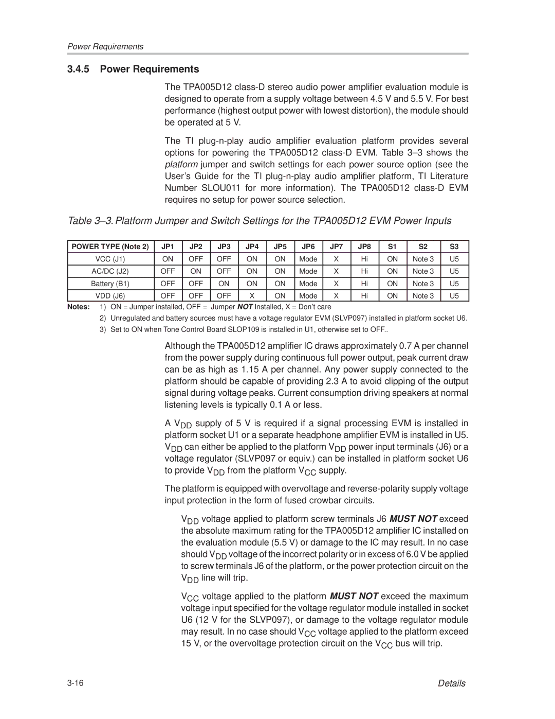 Texas Instruments TPA005D12 manual Power Requirements, JP1 JP2 JP3 JP4 JP5 JP6 JP7 JP8 