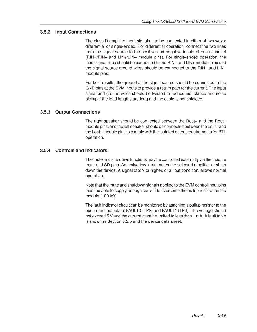 Texas Instruments TPA005D12 manual Input Connections, Output Connections, Controls and Indicators 