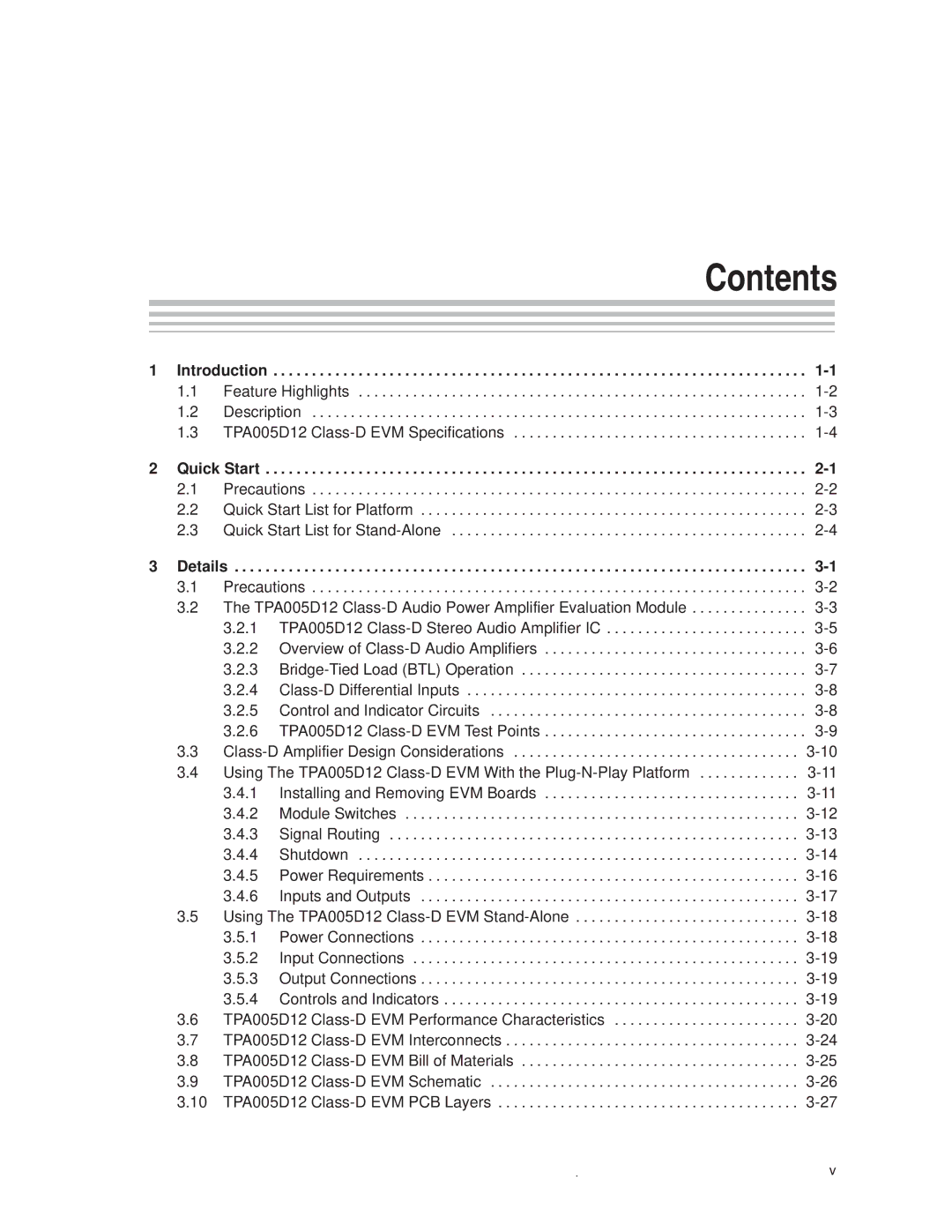 Texas Instruments TPA005D12 manual Contents 