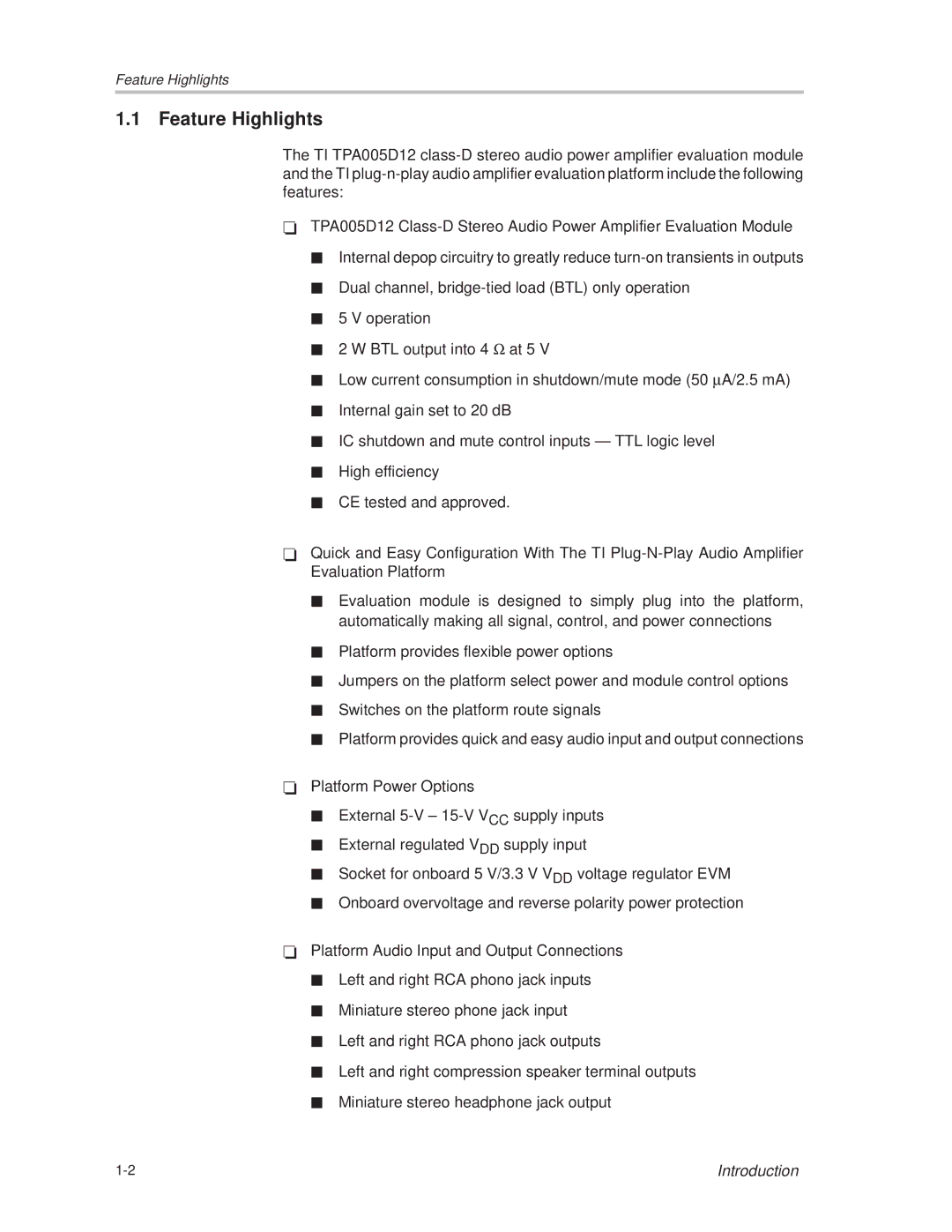 Texas Instruments TPA005D12 manual Feature Highlights 