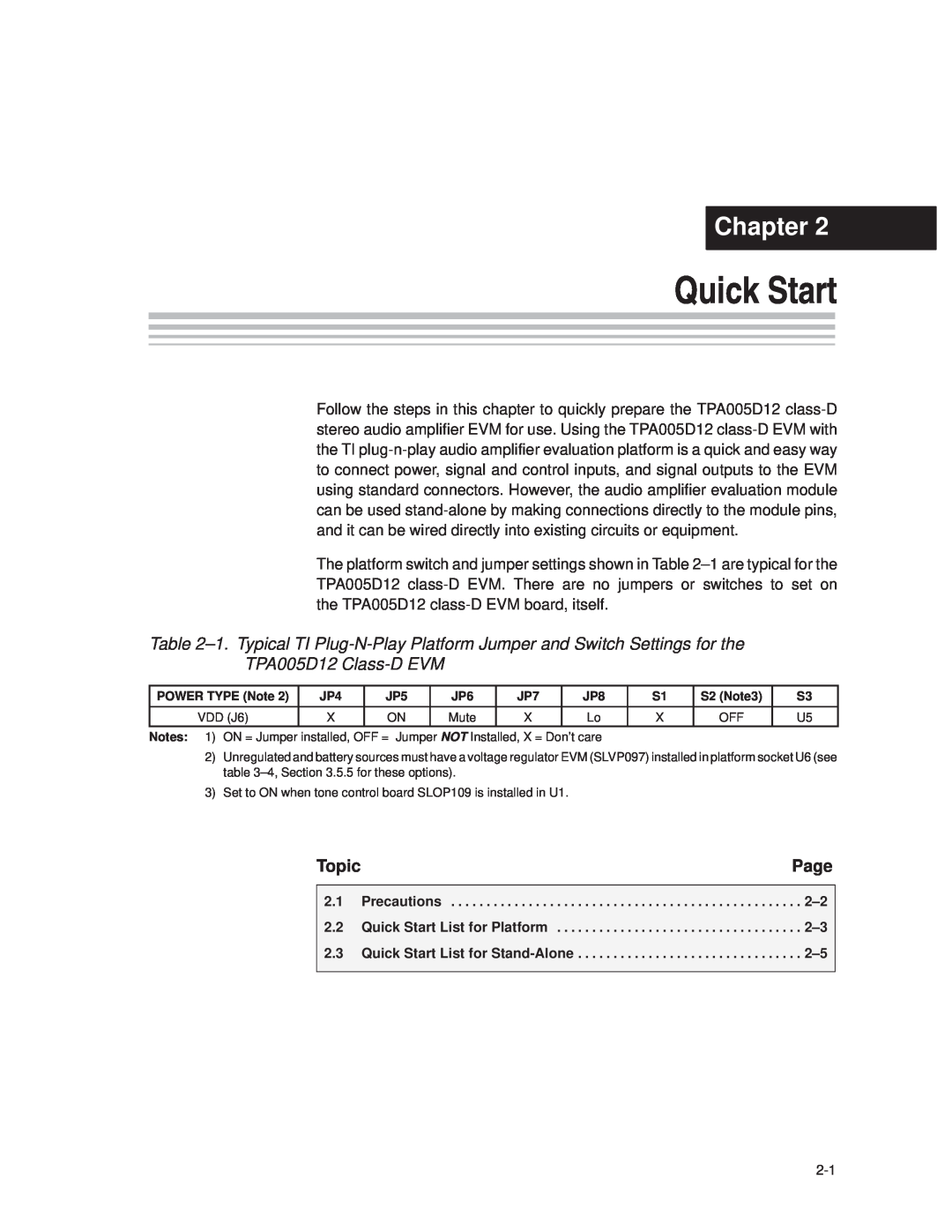 Texas Instruments TPA005D12 manual Chapter, Page, Topic, Precautions, Quick Start List for Platform 