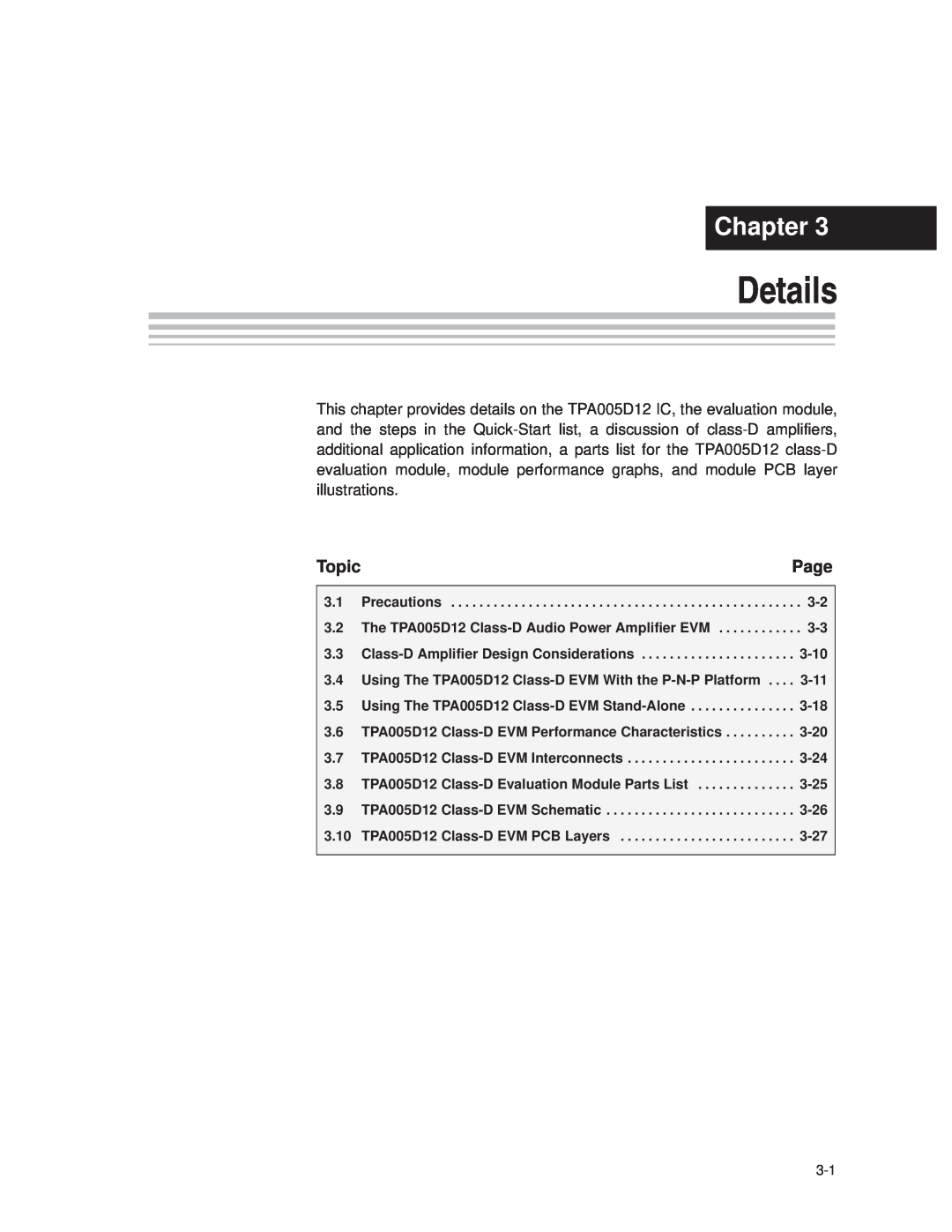 Texas Instruments TPA005D12 manual Details, Chapter, Page, Topic 
