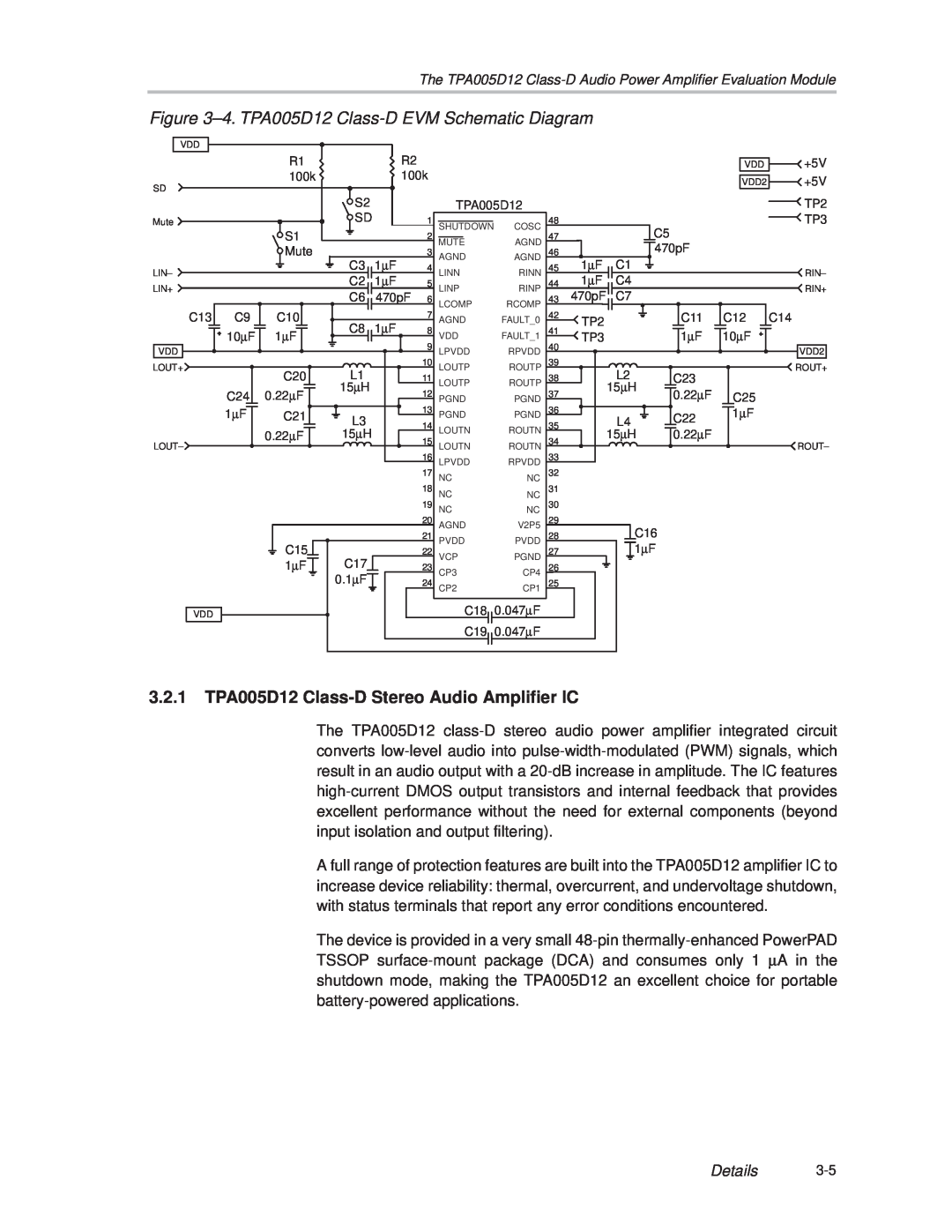 Texas Instruments manual 3.2.1TPA005D12 Class-DStereo Audio Amplifier IC, Details 