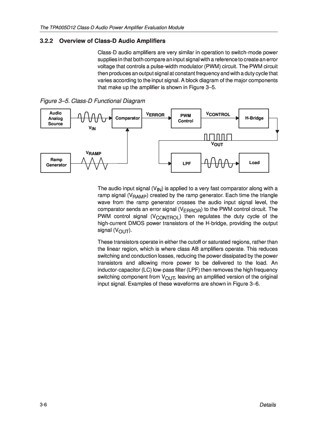 Texas Instruments TPA005D12 manual 3.2.2Overview of Class-DAudio Amplifiers, ±5. Class-DFunctional Diagram, Details 