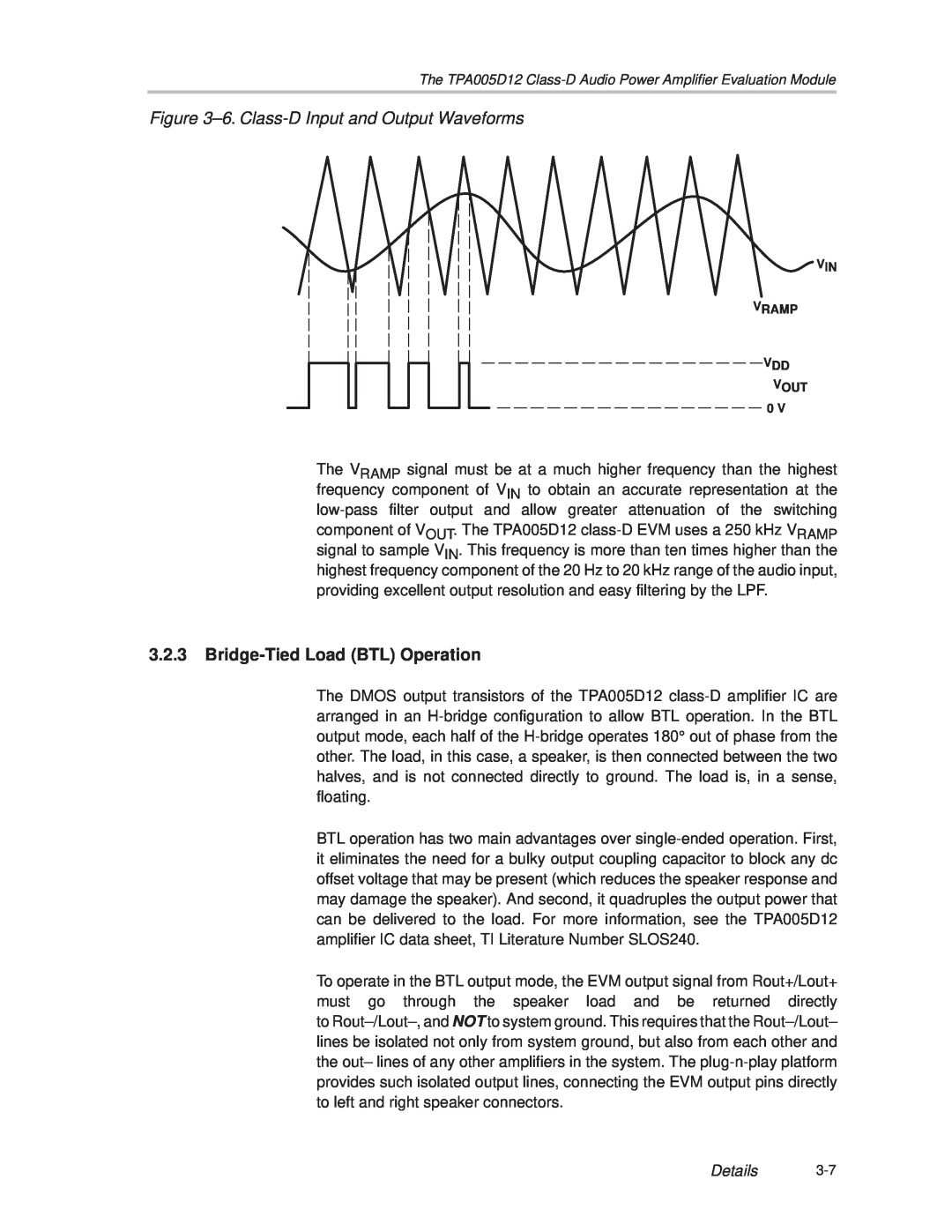 Texas Instruments TPA005D12 manual 3.2.3Bridge-TiedLoad BTL Operation, ±6. Class-DInput and Output Waveforms, Details 
