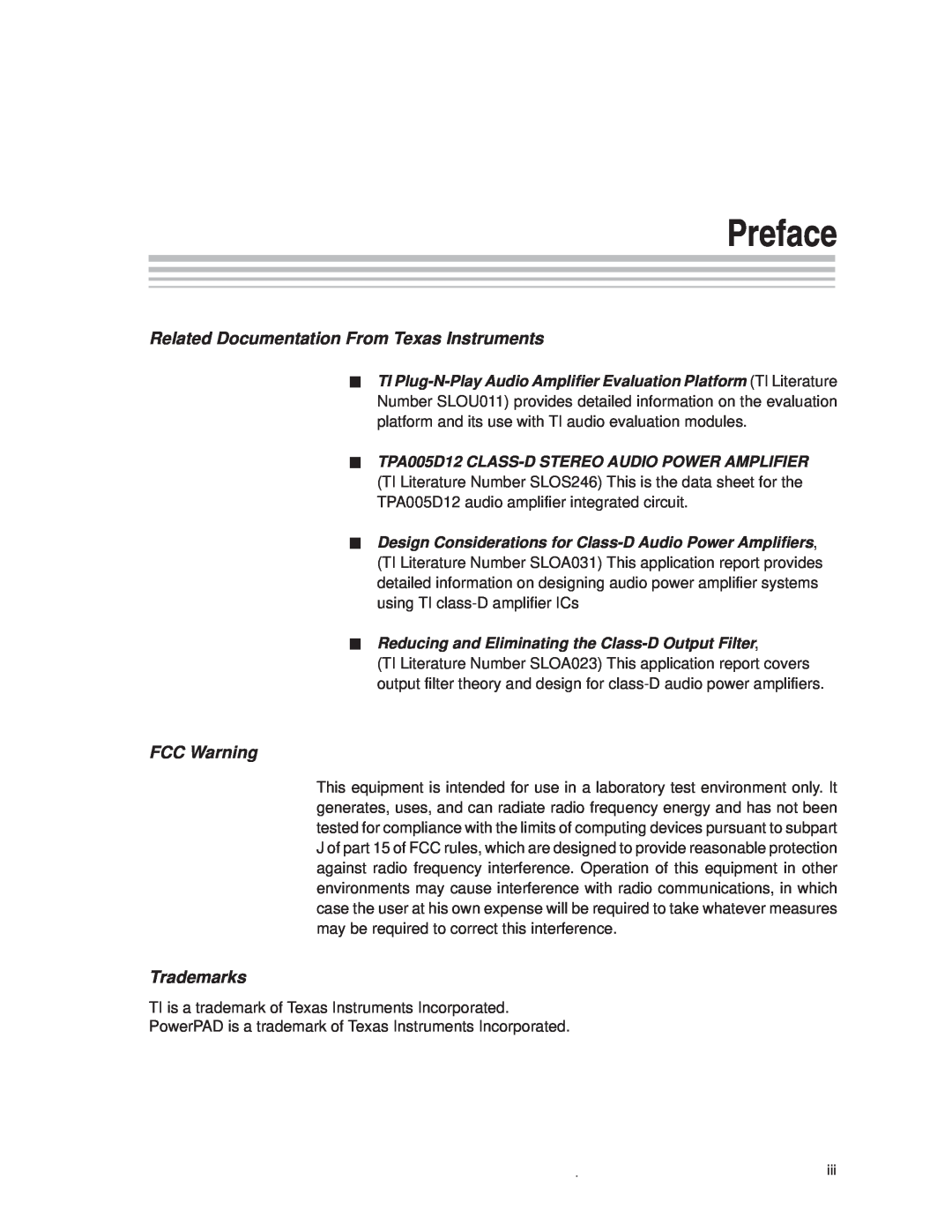 Texas Instruments TPA005D12 manual Preface, Related Documentation From Texas Instruments, FCC Warning, Trademarks 