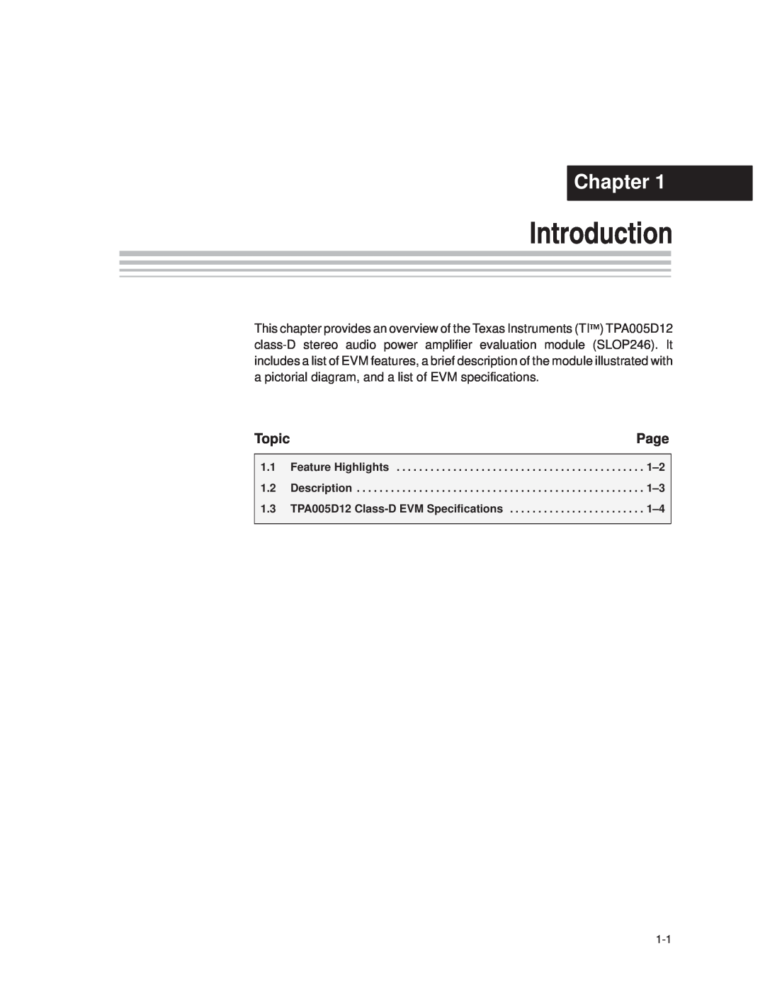 Texas Instruments TPA005D12 manual Introduction, Chapter, Page, Topic 