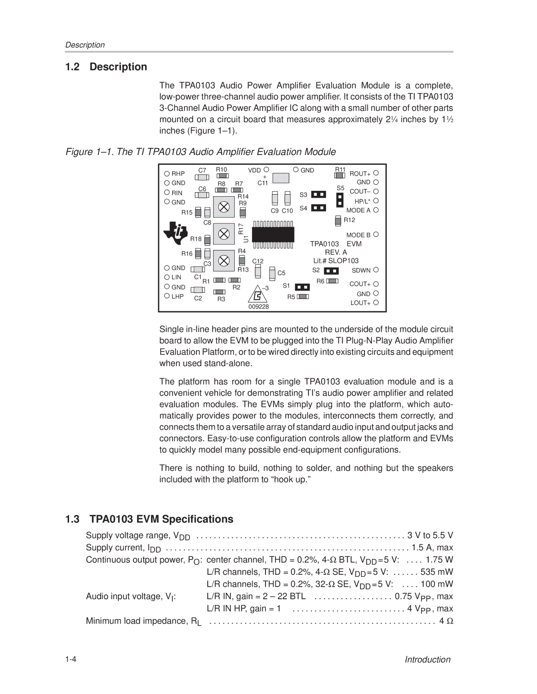 Texas Instruments manual Description, TPA0103 EVM Specifications 