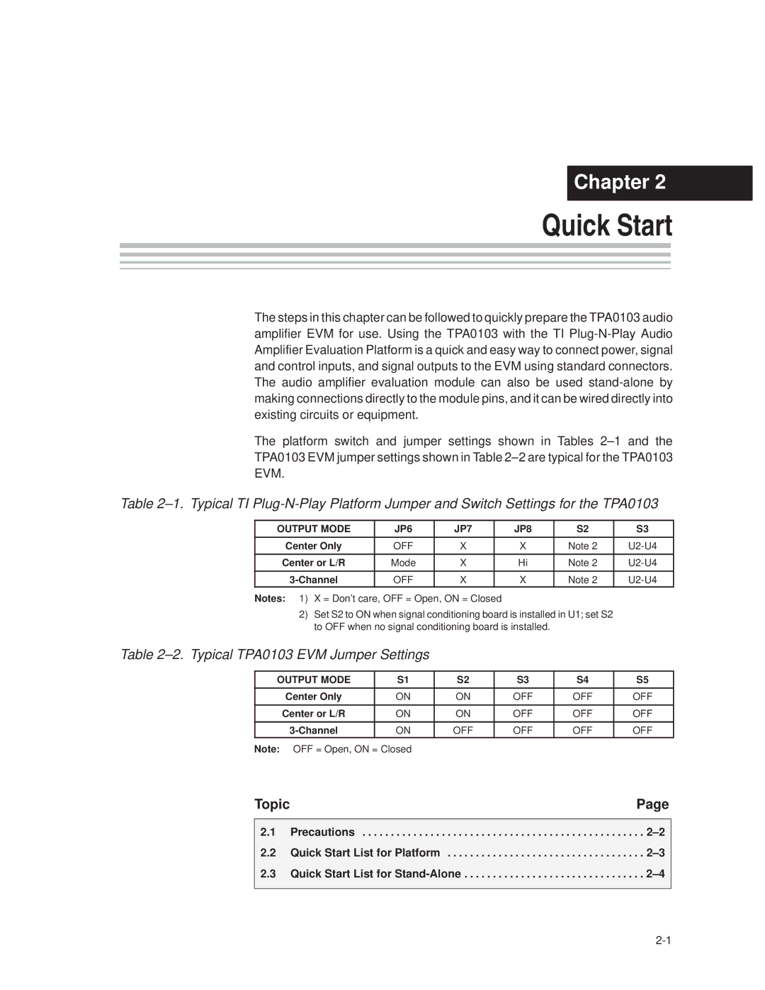 Texas Instruments manual Quick Start, ±2. Typical TPA0103 EVM Jumper Settings 