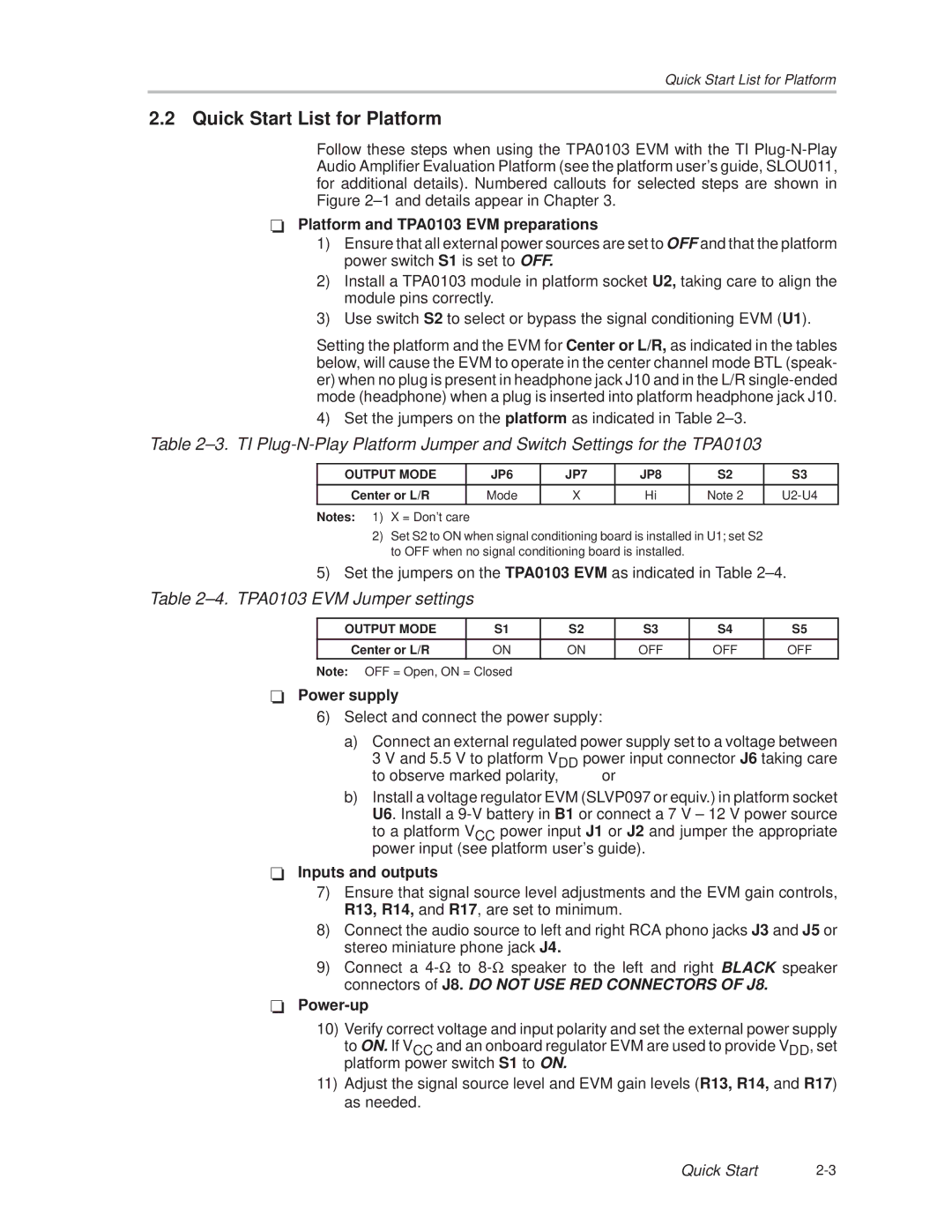 Texas Instruments manual Quick Start List for Platform, ±4. TPA0103 EVM Jumper settings 