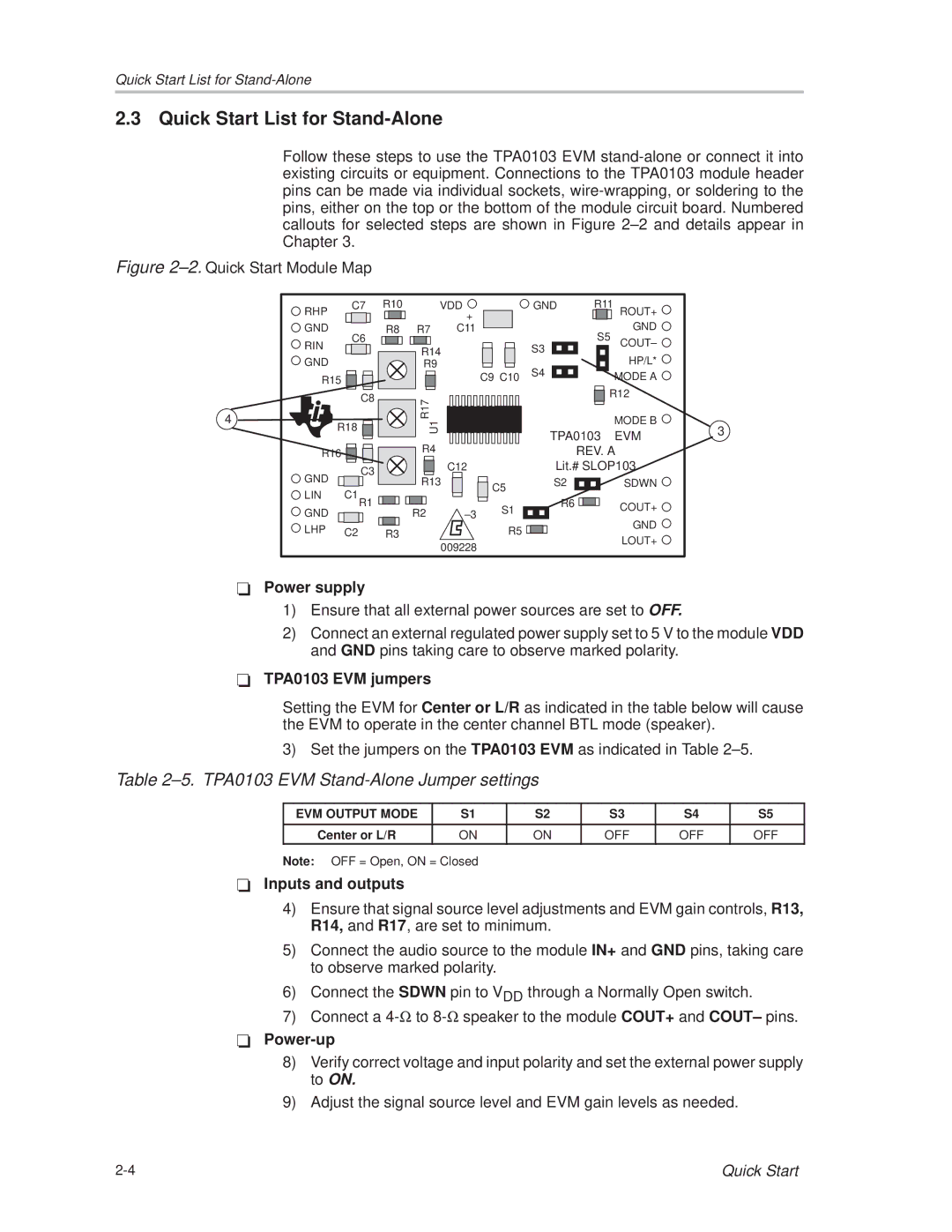 Texas Instruments manual Quick Start List for Stand-Alone, ±5. TPA0103 EVM Stand-Alone Jumper settings 