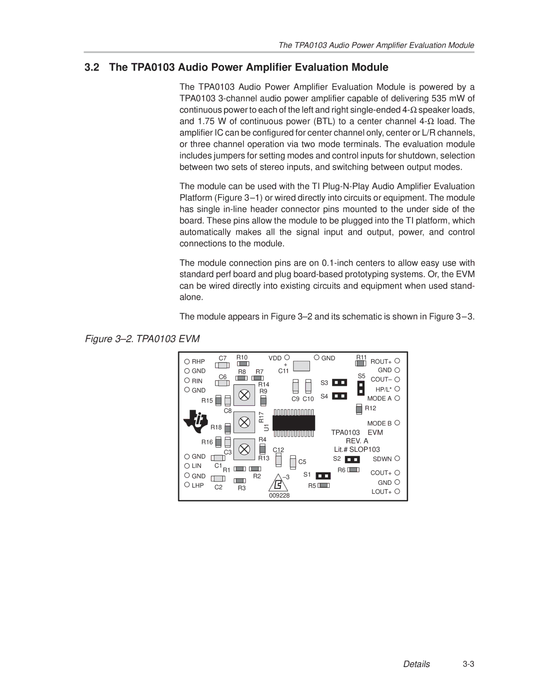 Texas Instruments manual TPA0103 Audio Power Amplifier Evaluation Module, ±2. TPA0103 EVM 