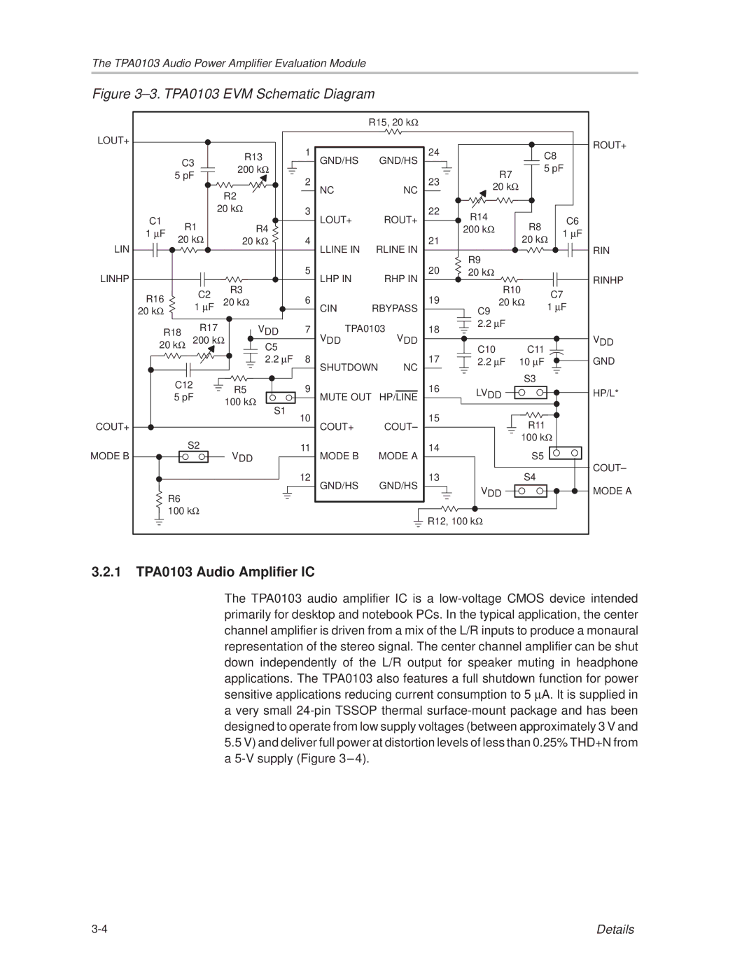 Texas Instruments manual ±3. TPA0103 EVM Schematic Diagram, 1 TPA0103 Audio Amplifier IC 