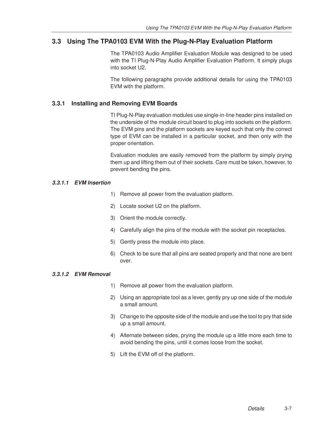 Texas Instruments TPA0103 manual Installing and Removing EVM Boards, EVM Insertion, EVM Removal 