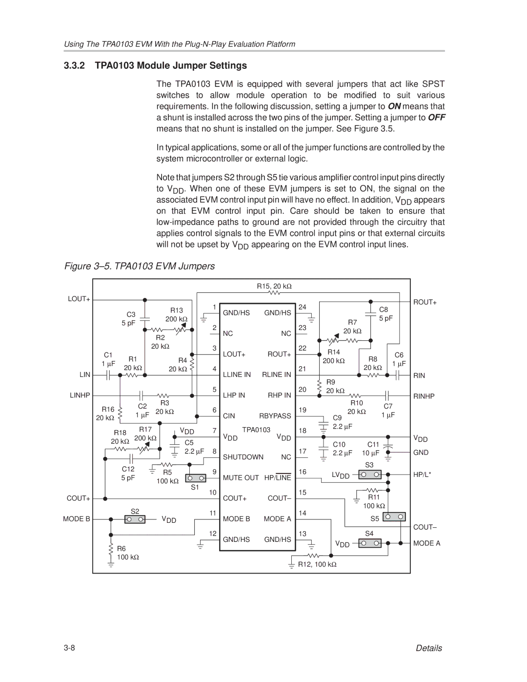 Texas Instruments manual 2 TPA0103 Module Jumper Settings, ±5. TPA0103 EVM Jumpers 