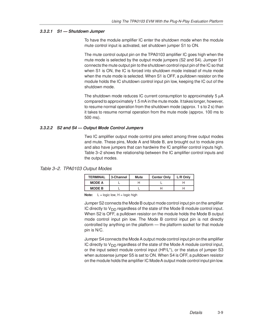 Texas Instruments manual ±2. TPA0103 Output Modes, 2.1 S1 Ð Shutdown Jumper, 2.2 S2 and S4 Ð Output Mode Control Jumpers 