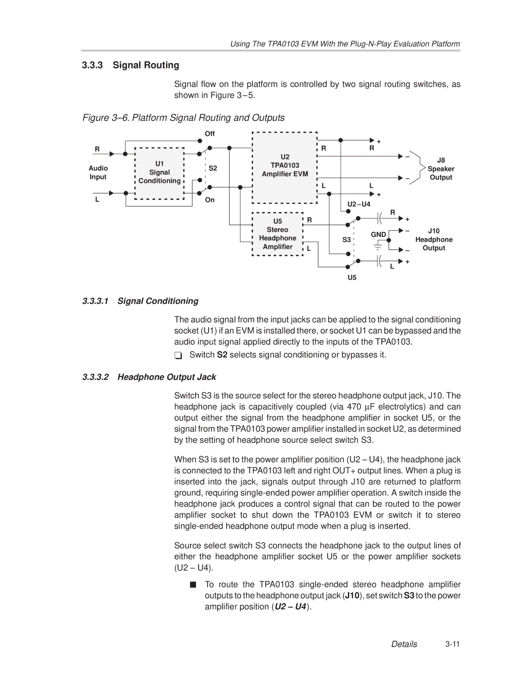 Texas Instruments TPA0103 manual Signal Routing, Signal Conditioning, Headphone Output Jack 