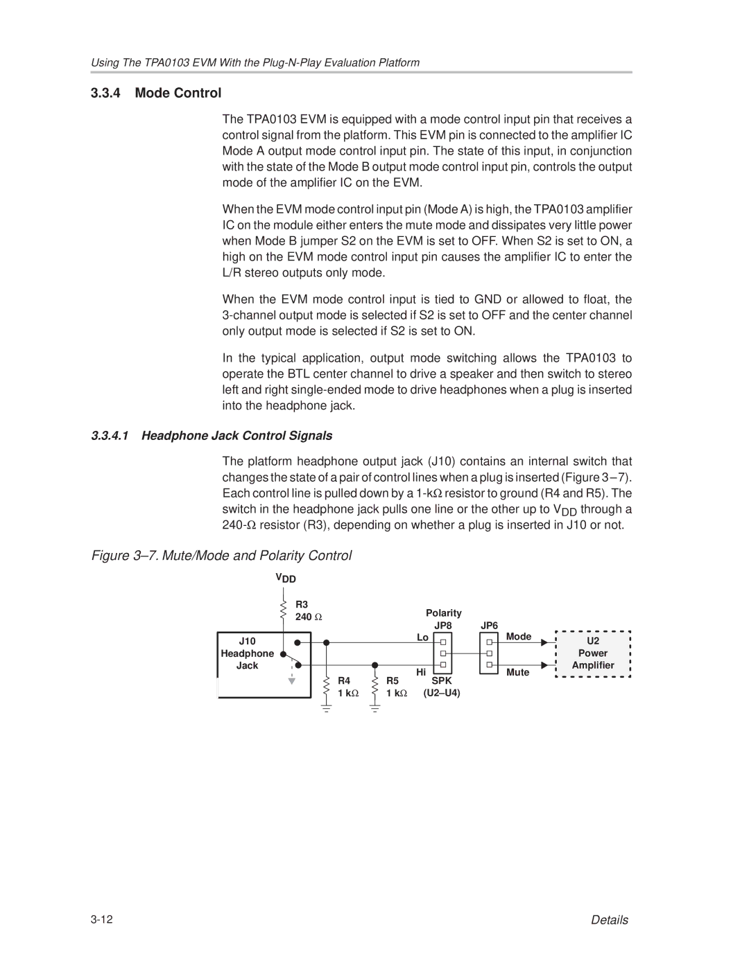 Texas Instruments TPA0103 manual Mode Control, Headphone Jack Control Signals 