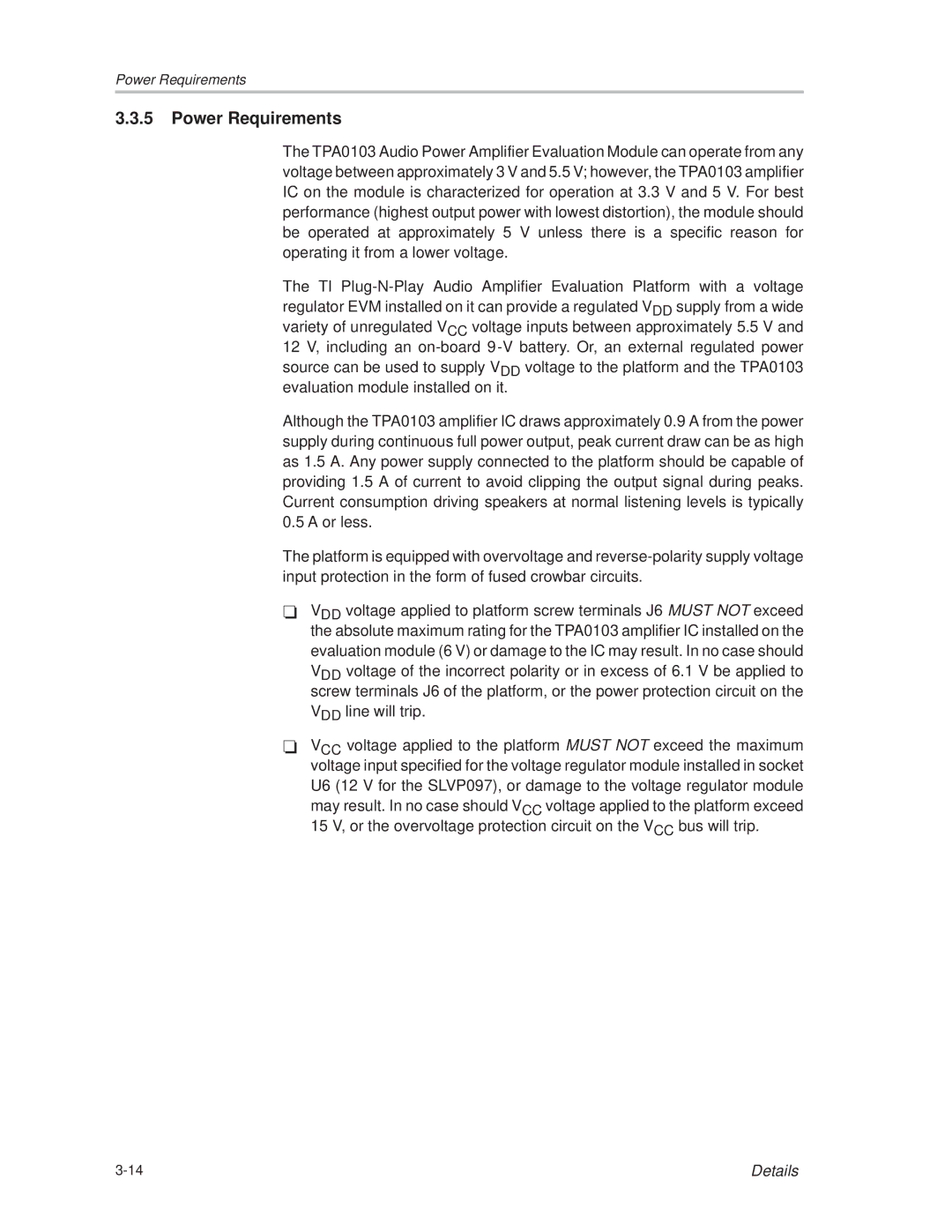 Texas Instruments TPA0103 manual Power Requirements 