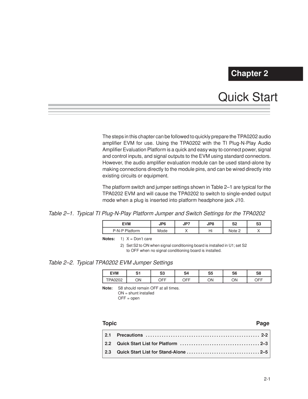 Texas Instruments TPA0202 manual Quick Start, EVM JP6 JP7 JP8 