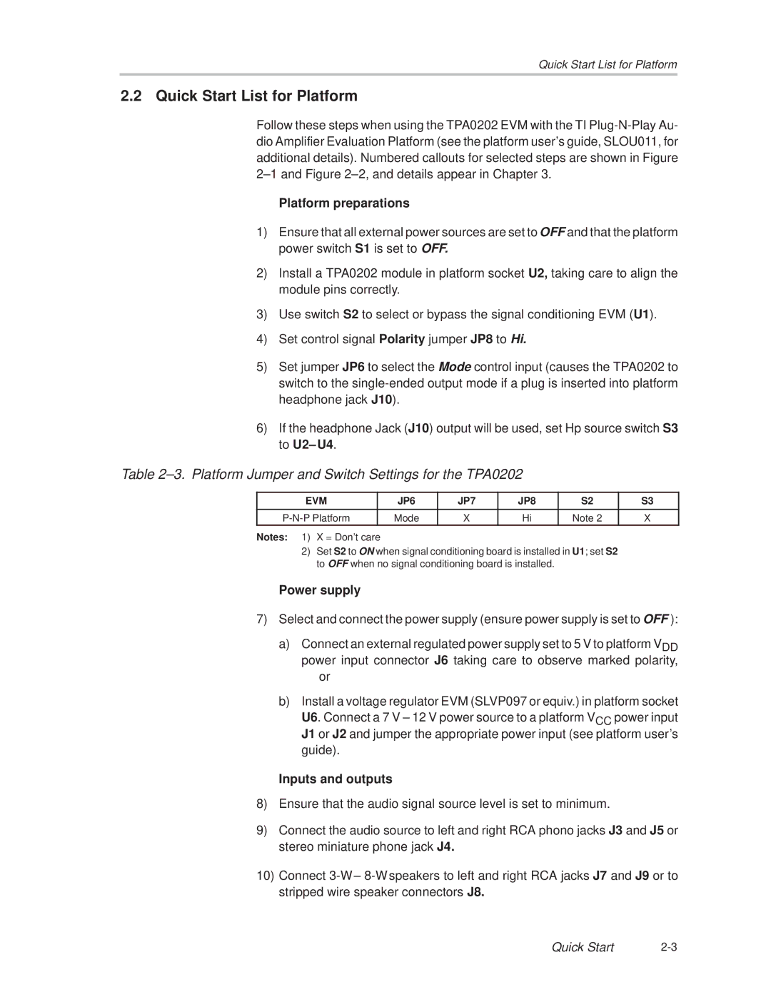 Texas Instruments TPA0202 manual Quick Start List for Platform, Platform preparations 