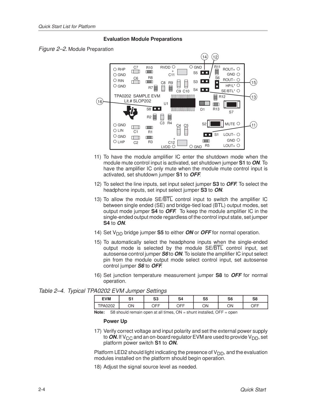 Texas Instruments manual ±4. Typical TPA0202 EVM Jumper Settings 