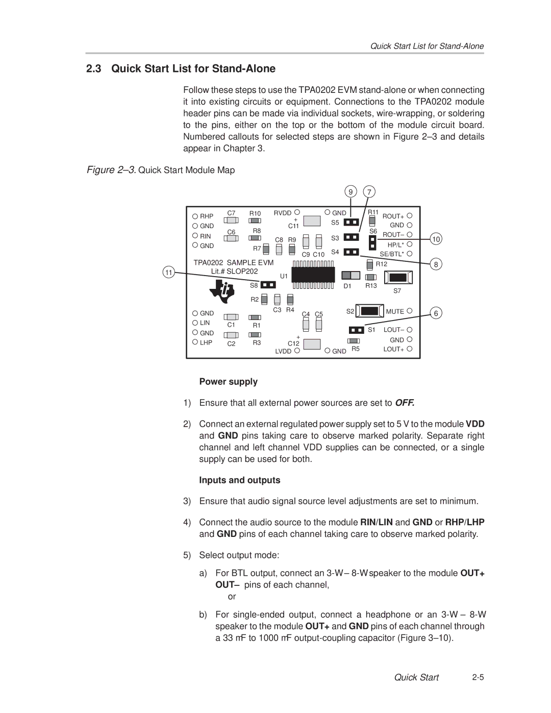 Texas Instruments TPA0202 manual Quick Start List for Stand-Alone, ±3. Quick Start Module Map 