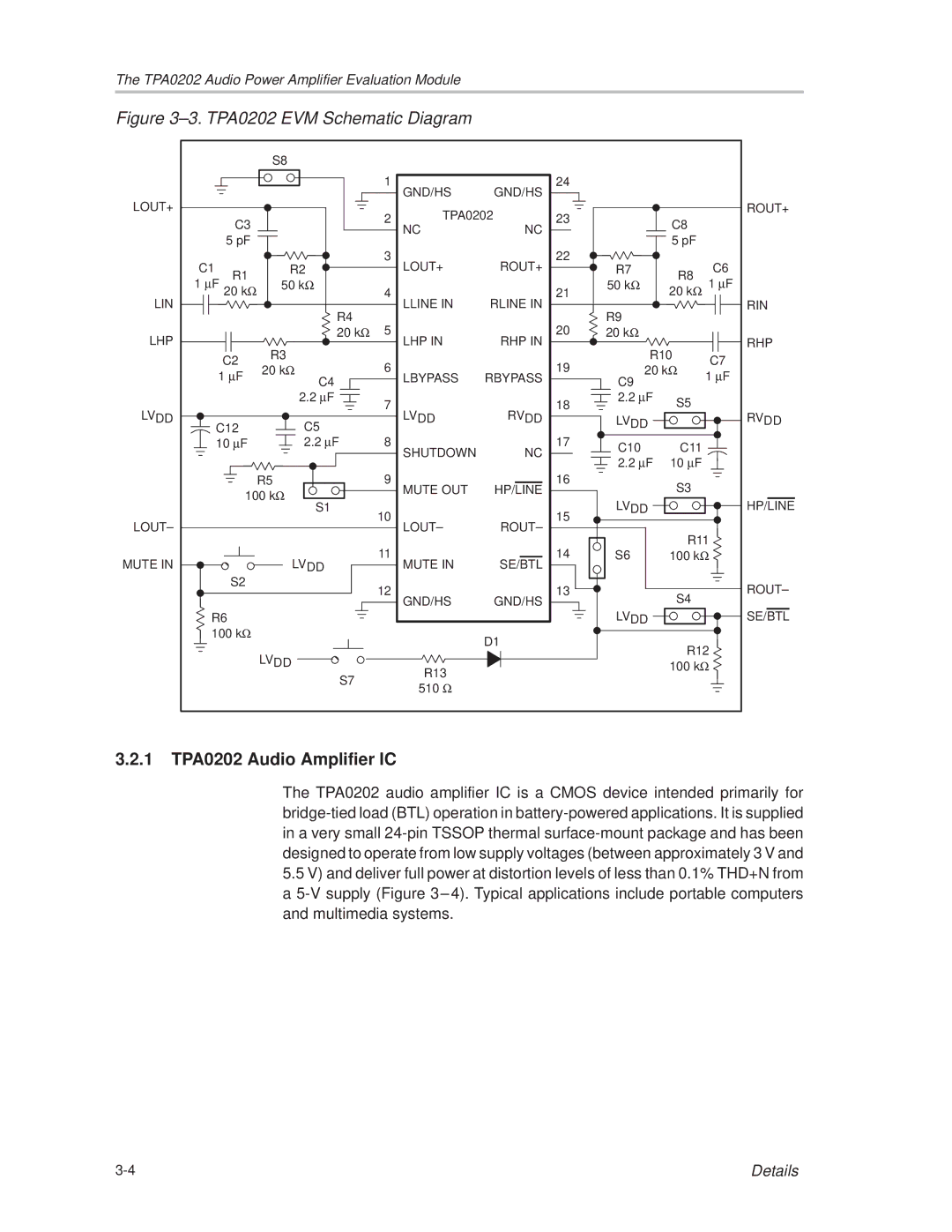 Texas Instruments manual ±3. TPA0202 EVM Schematic Diagram, 1 TPA0202 Audio Amplifier IC 