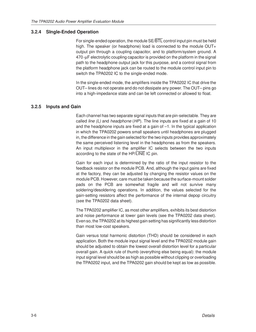 Texas Instruments TPA0202 manual SIngle-Ended Operation, Inputs and Gain 