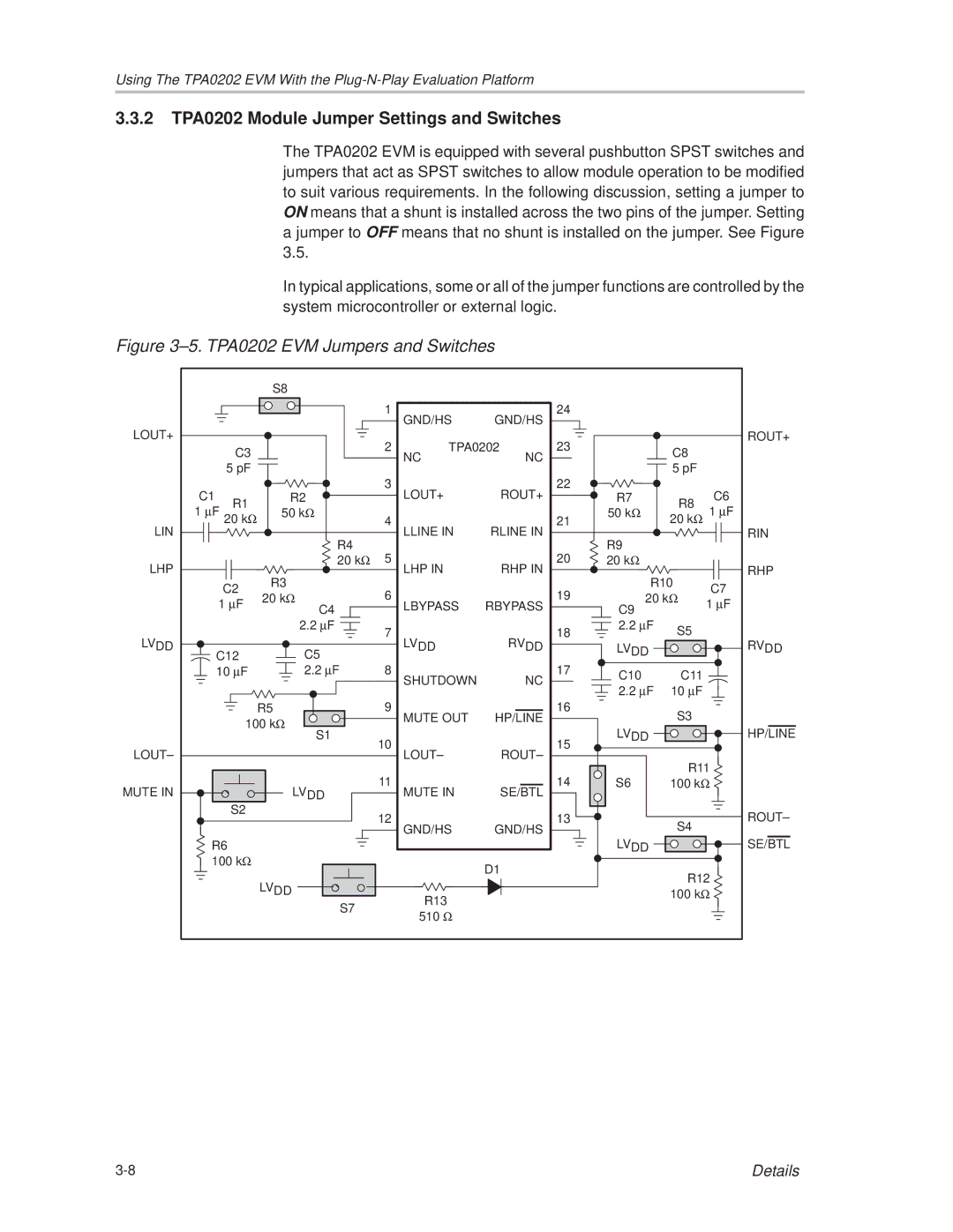 Texas Instruments manual 2 TPA0202 Module Jumper Settings and Switches, ±5. TPA0202 EVM Jumpers and Switches 