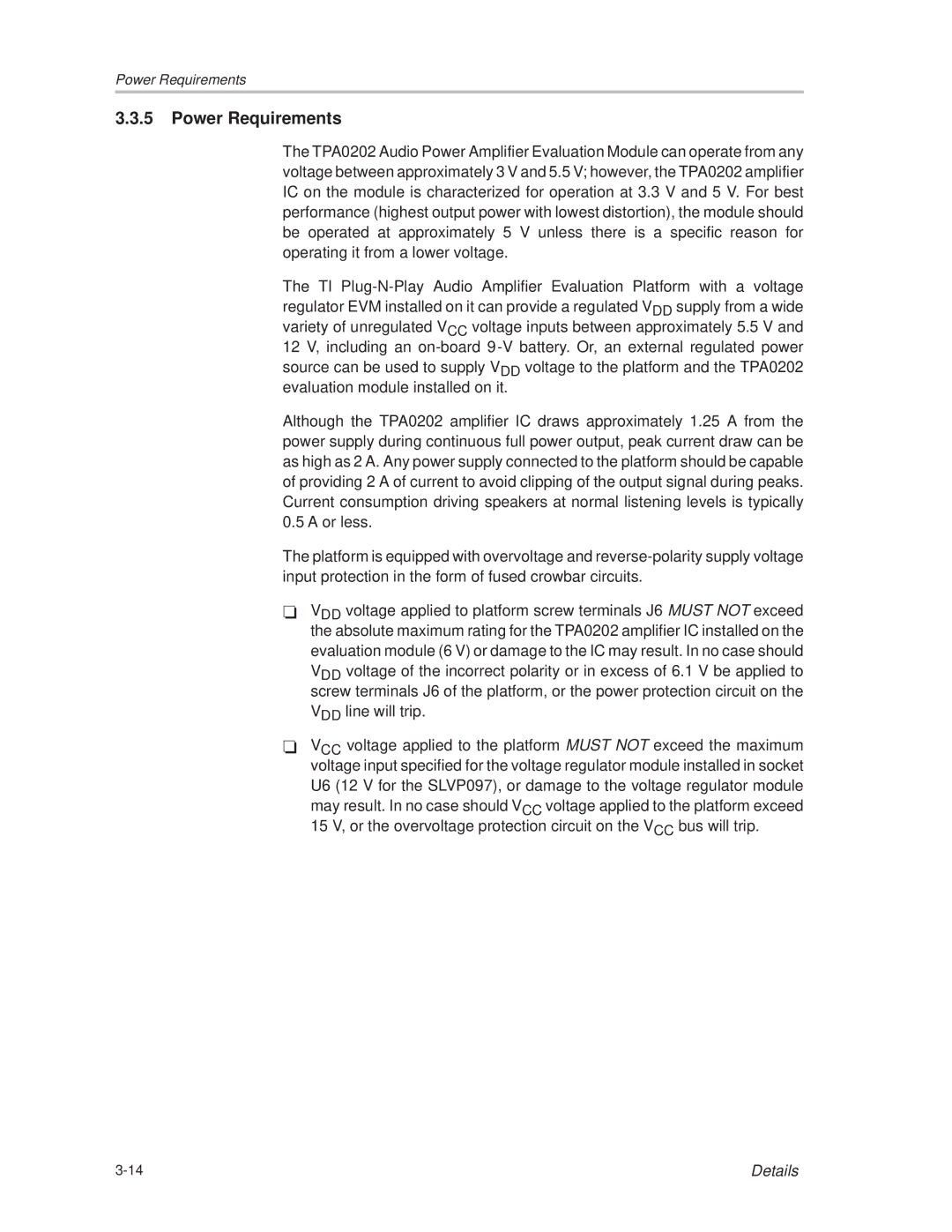 Texas Instruments TPA0202 manual Power Requirements 