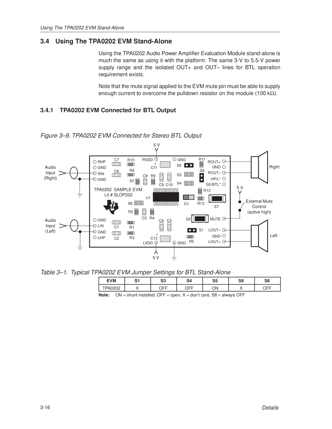 Texas Instruments manual Using The TPA0202 EVM Stand-Alone, 1 TPA0202 EVM Connected for BTL Output 