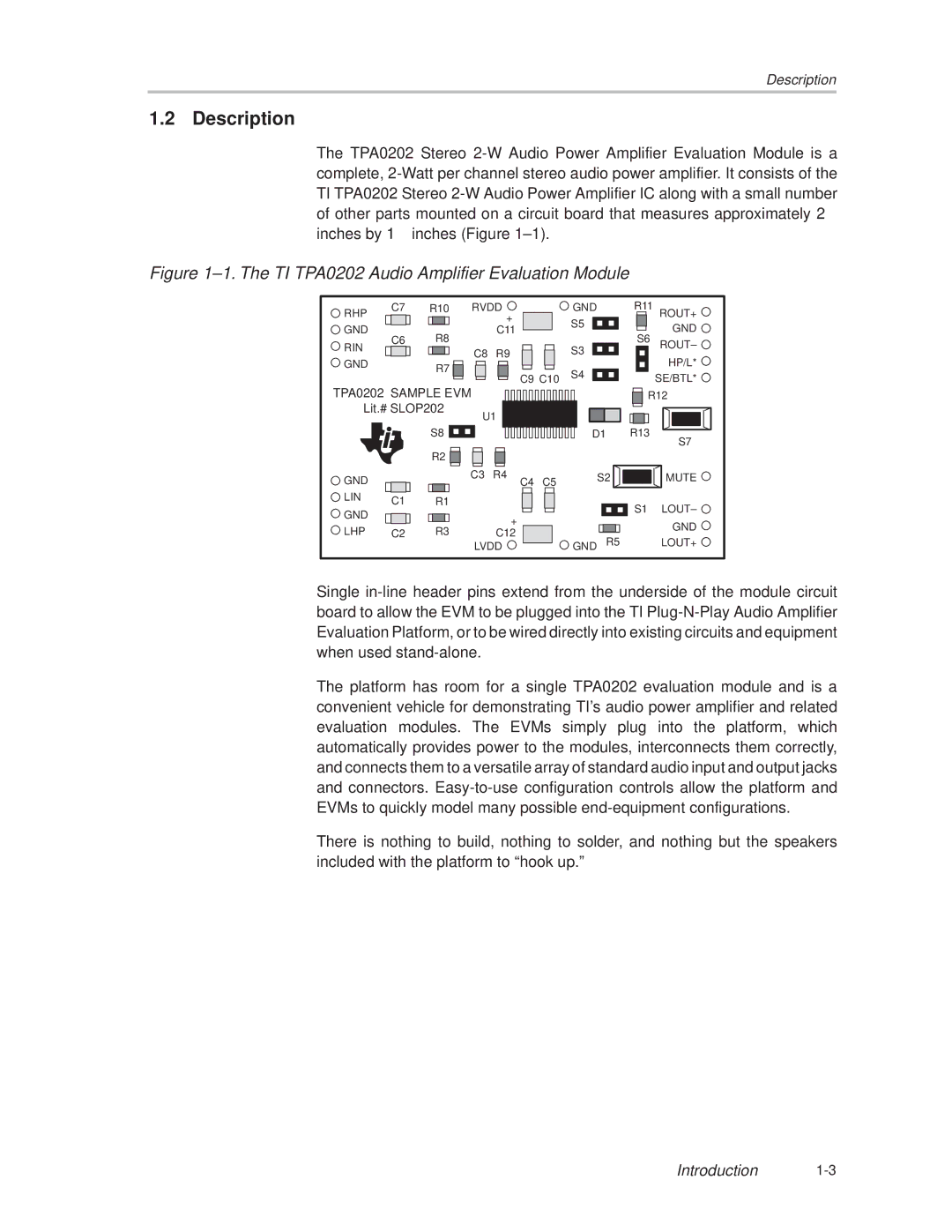 Texas Instruments manual Description, ±1. The TI TPA0202 Audio Amplifier Evaluation Module 