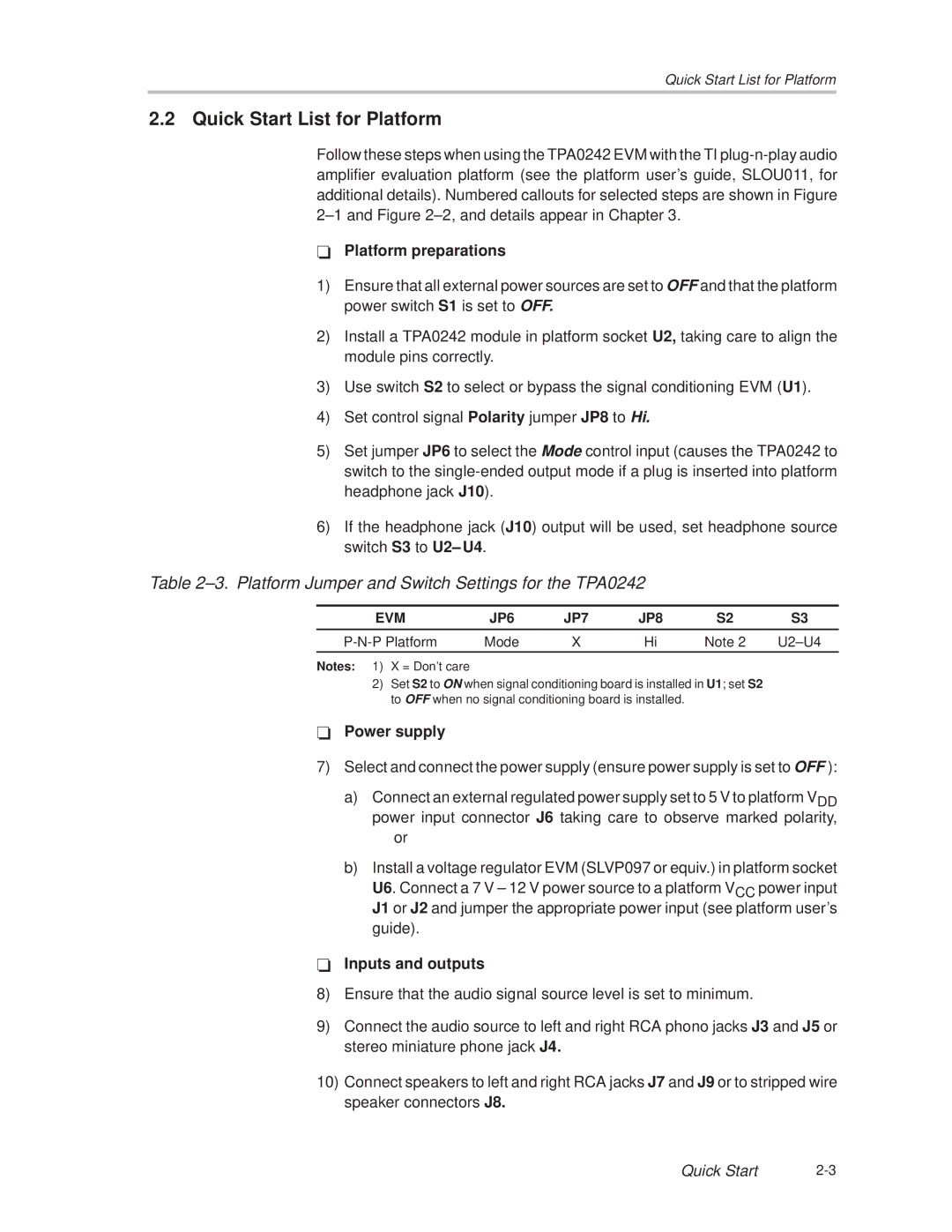 Texas Instruments manual Quick Start List for Platform, ±3. Platform Jumper and Switch Settings for the TPA0242 