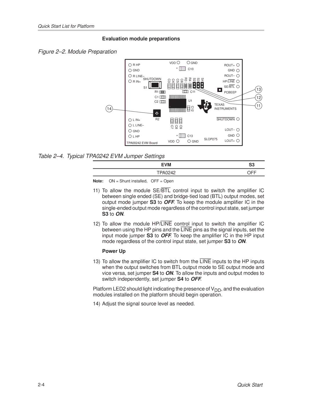 Texas Instruments manual ±2. Module Preparation, ±4. Typical TPA0242 EVM Jumper Settings 