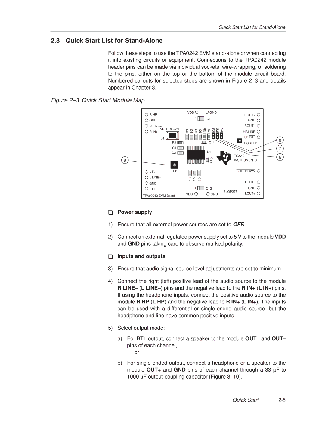 Texas Instruments TPA0242 manual Quick Start List for Stand-Alone, ±3. Quick Start Module Map 