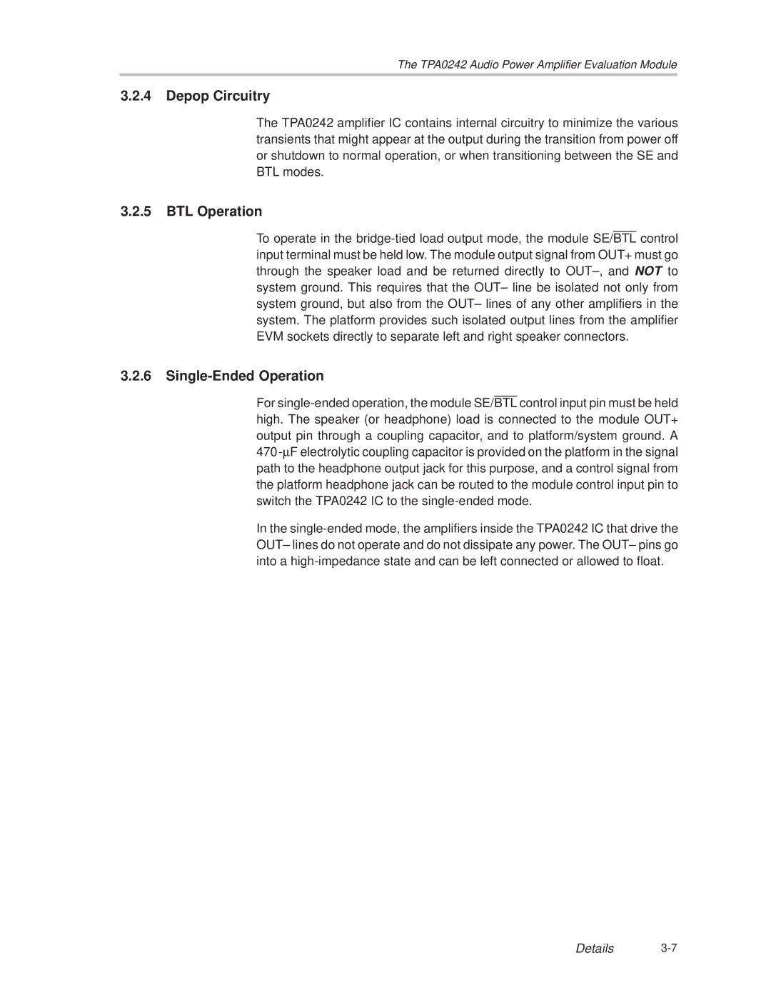 Texas Instruments TPA0242 manual Depop Circuitry, BTL Operation, Single-Ended Operation 