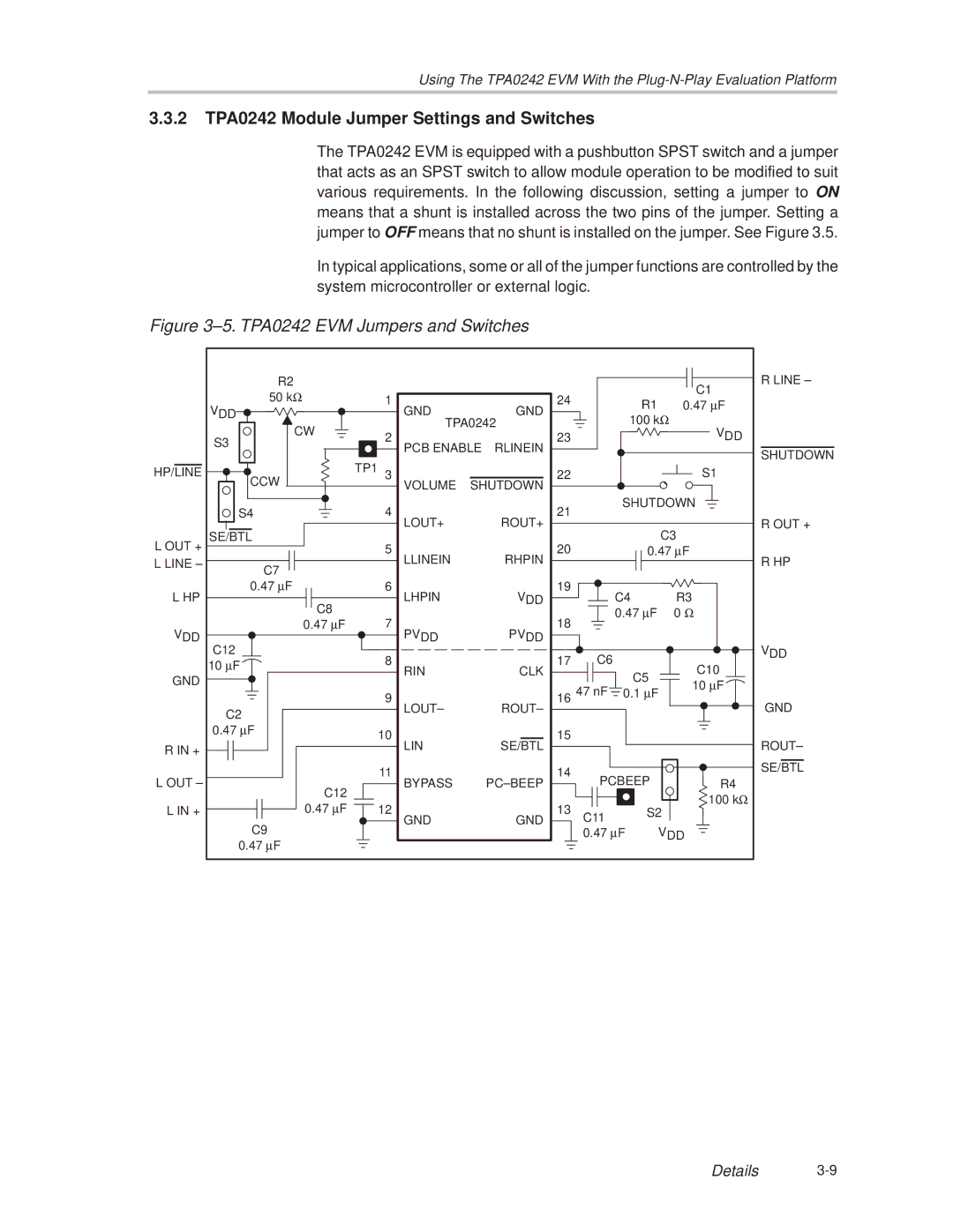 Texas Instruments manual 2 TPA0242 Module Jumper Settings and Switches, ±5. TPA0242 EVM Jumpers and Switches 