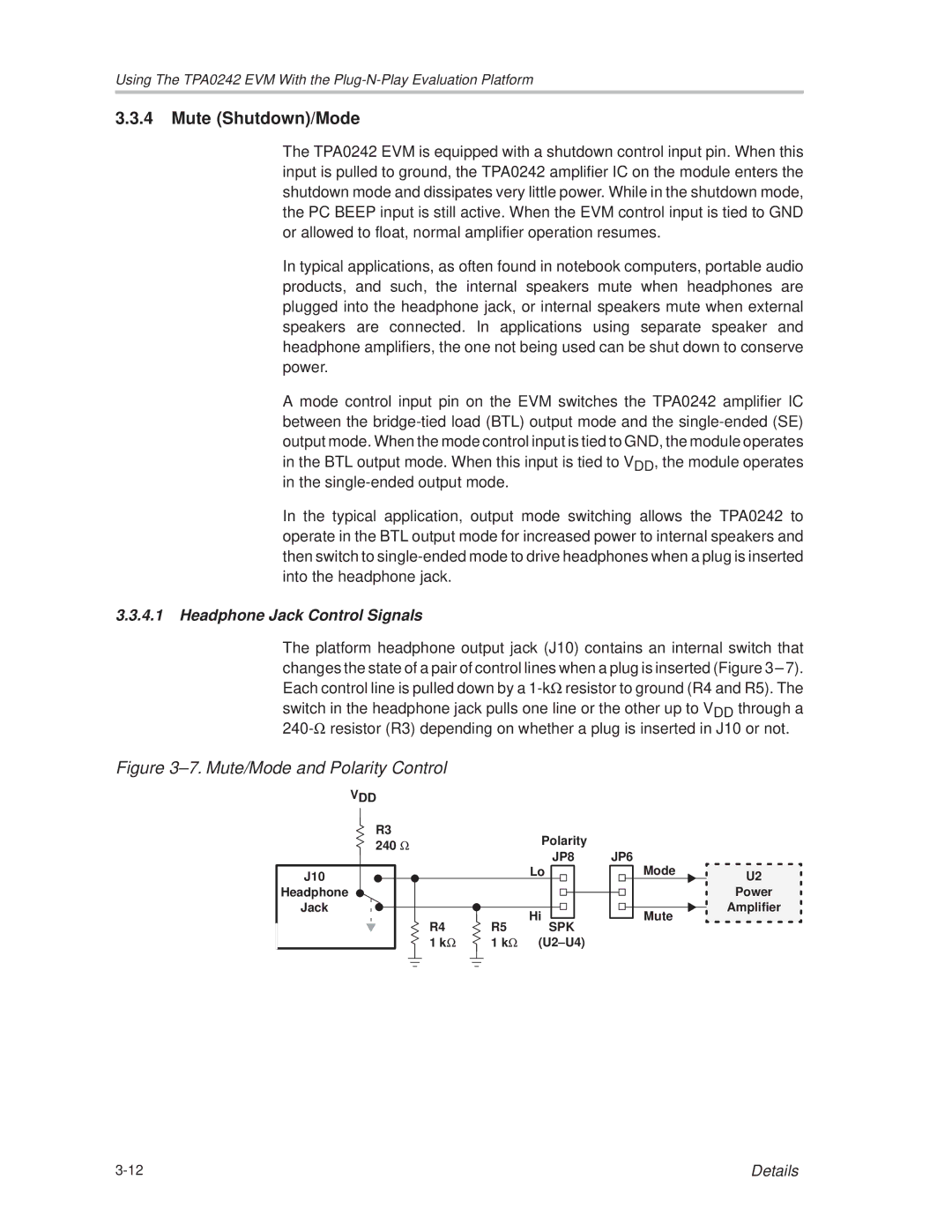 Texas Instruments TPA0242 manual Mute Shutdown/Mode, Headphone Jack Control Signals 