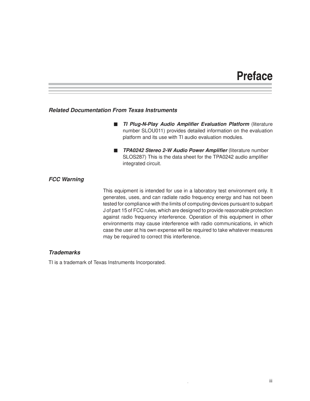 Texas Instruments TPA0242 manual Preface, Related Documentation From Texas Instruments 