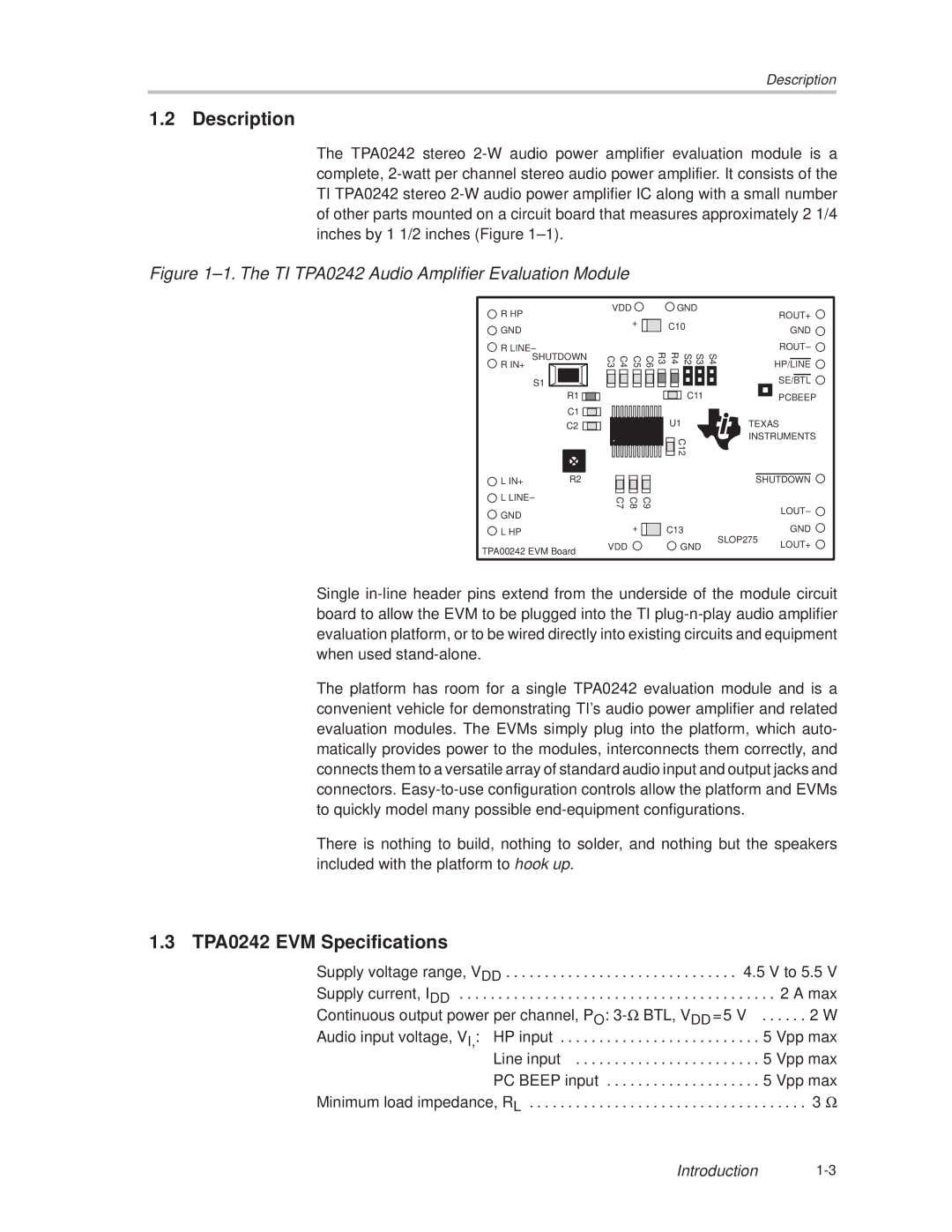 Texas Instruments manual Description, TPA0242 EVM Specifications 